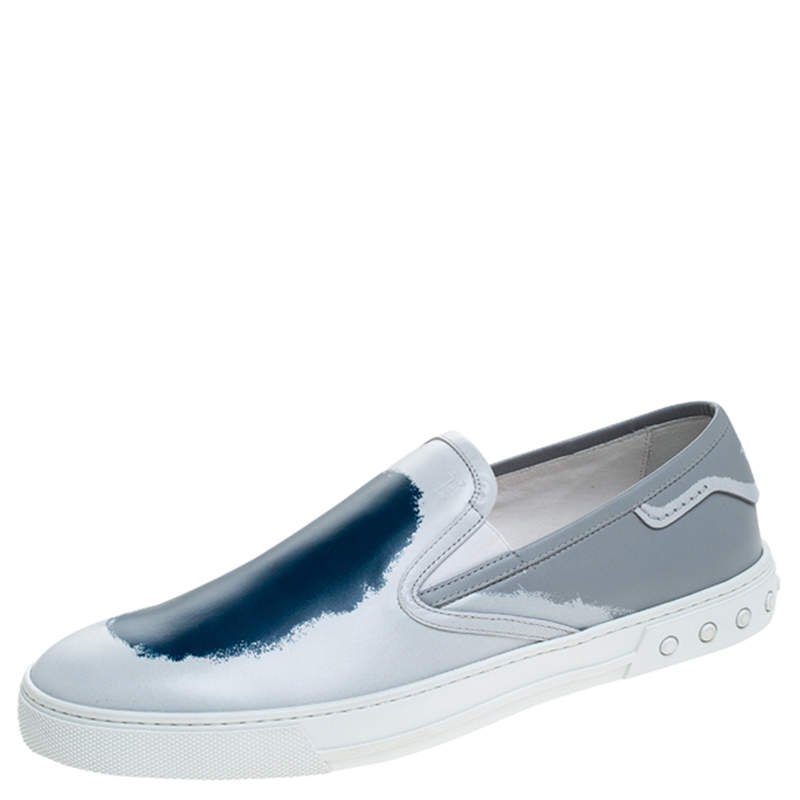 Pre Owned Tod's Grey/Blue Leather Paint Splotch Slip On Sneakers Size 43