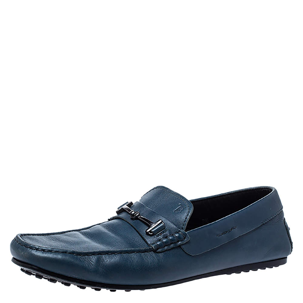 Pre Owned Tod's Blue Leather Double T Loafers Size 42.5
