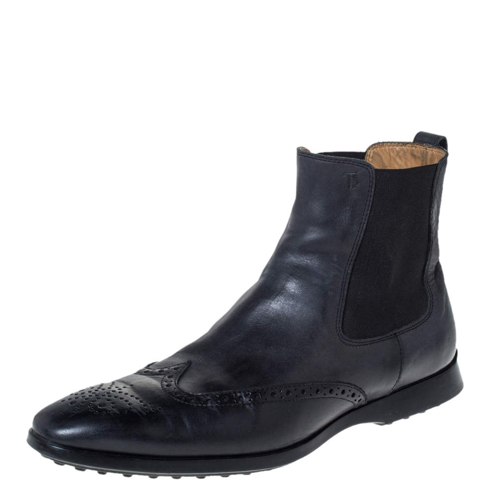 Pre Owned Tod's Blue Leather Brogue Slip On Boots Size 42.5