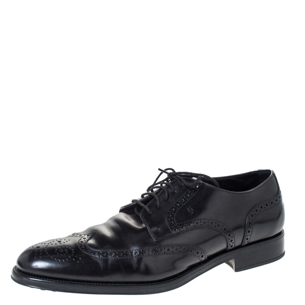 مملوكة مسبقًا Tod's Black Brogue Leather Lace Up Derby Size 45.5