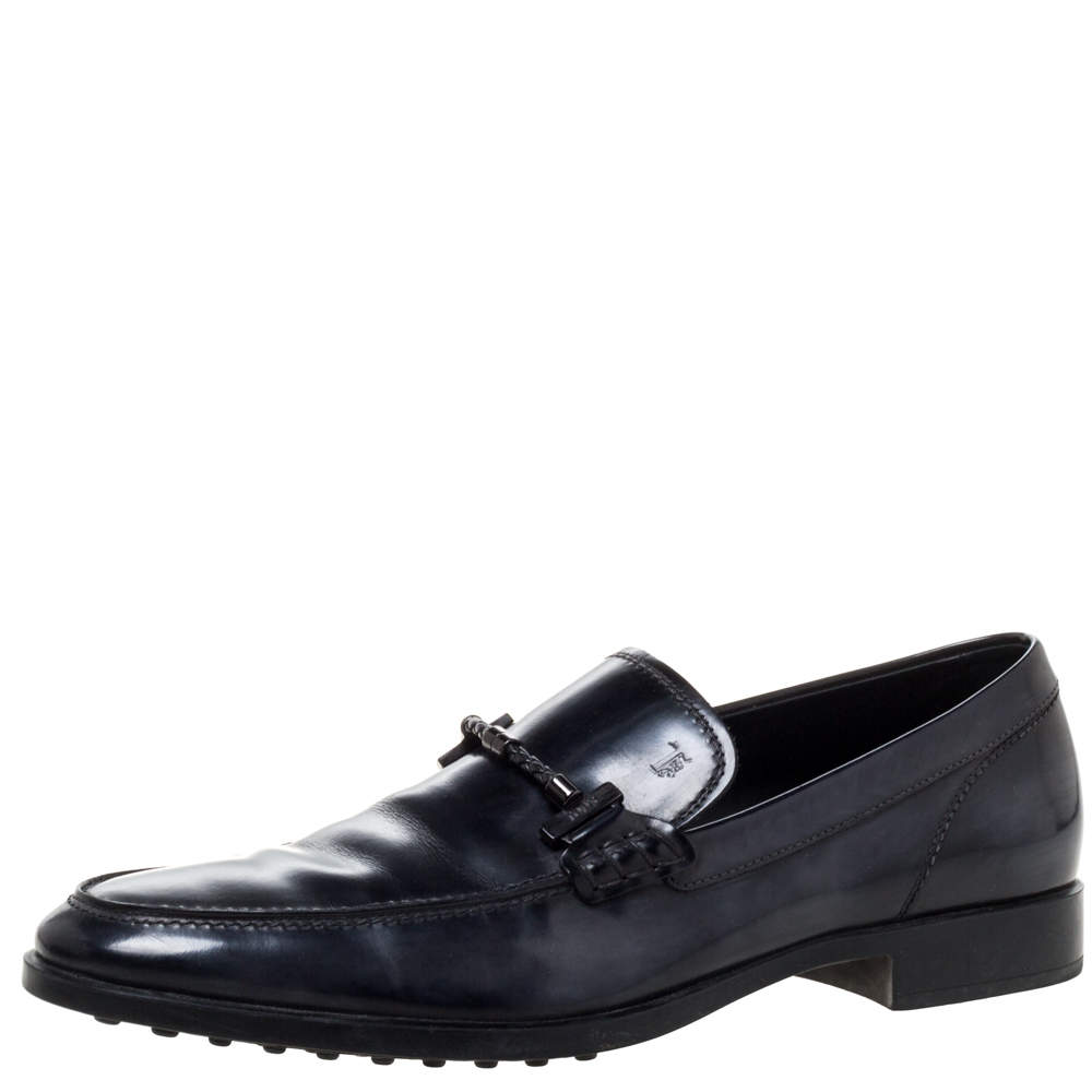 Pre Owned حذاء لوفرز تودز سليب أون هورسبيت خرز جلد لامع أسود مقاس 43