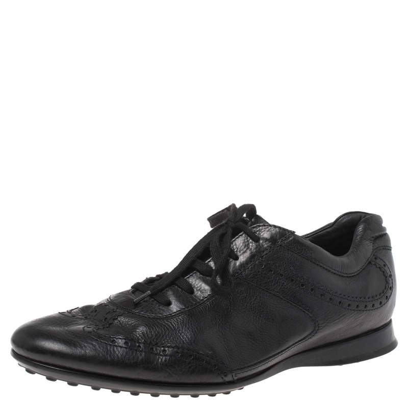 Pre Owned حذاء رياضى تودز منخفض من أعلى أربطة جلد بروغ أسود مقاس 41.5