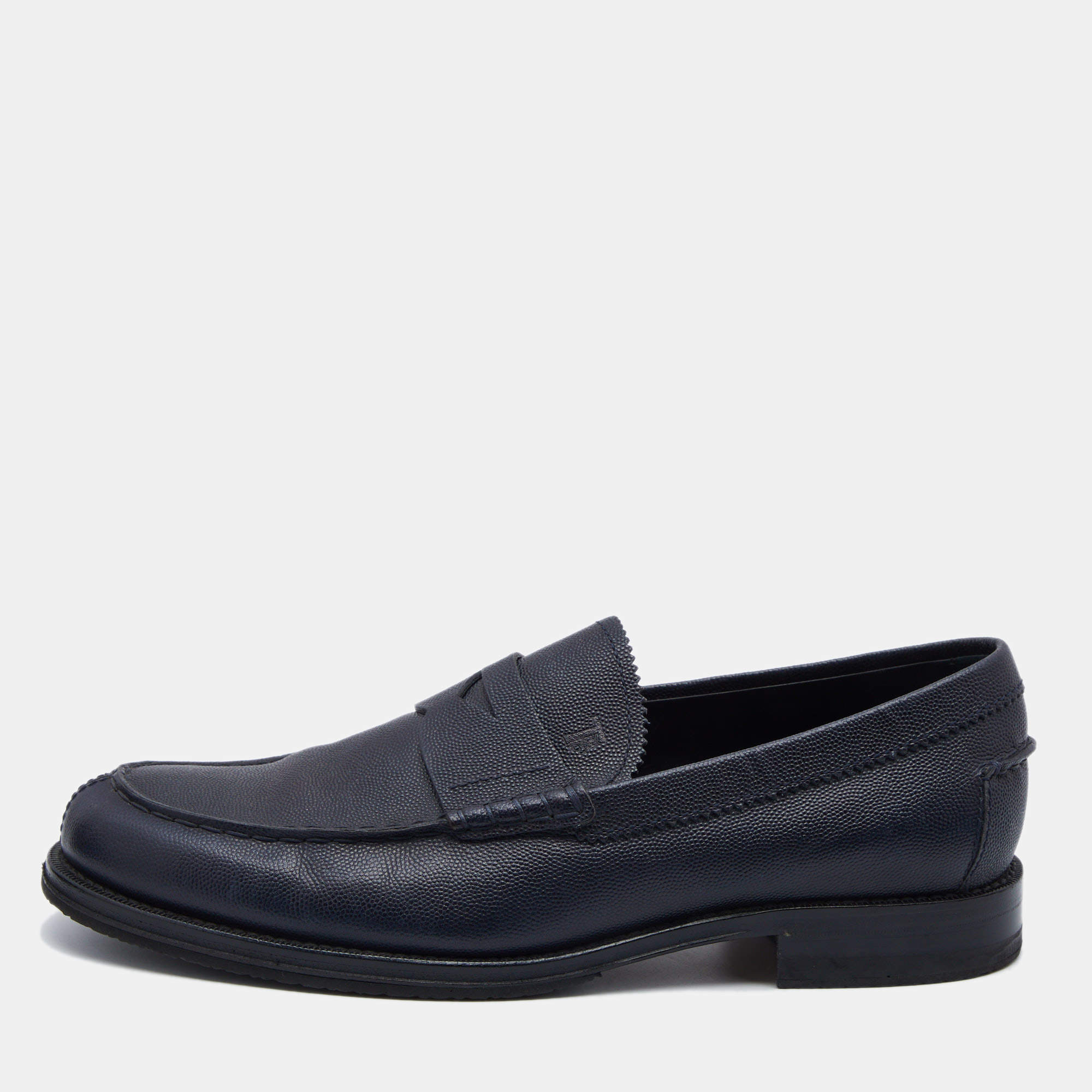Pre Owned Tod's Navy Blue Leather Penny Slip On Loafers Size 42