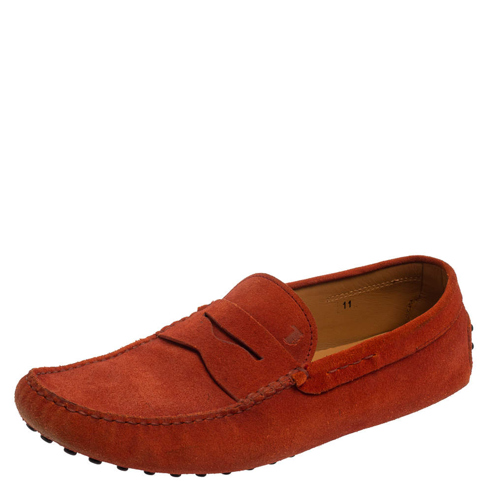 Pre Owned Tod's Orange Suede Gommino Driving Slip On Loafers Size 45.5