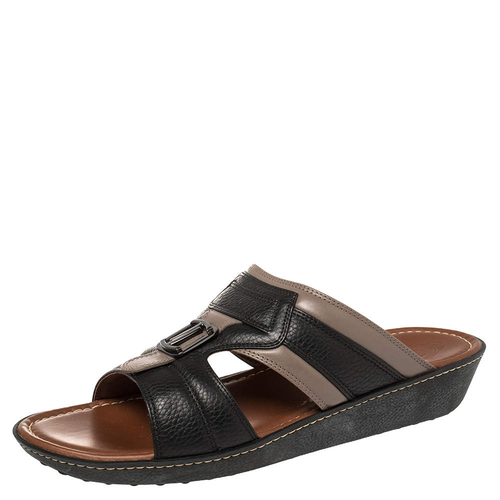 Pre Owned Tod's Black/Grey Leather Logo Embellished Slide Sandals Size 45