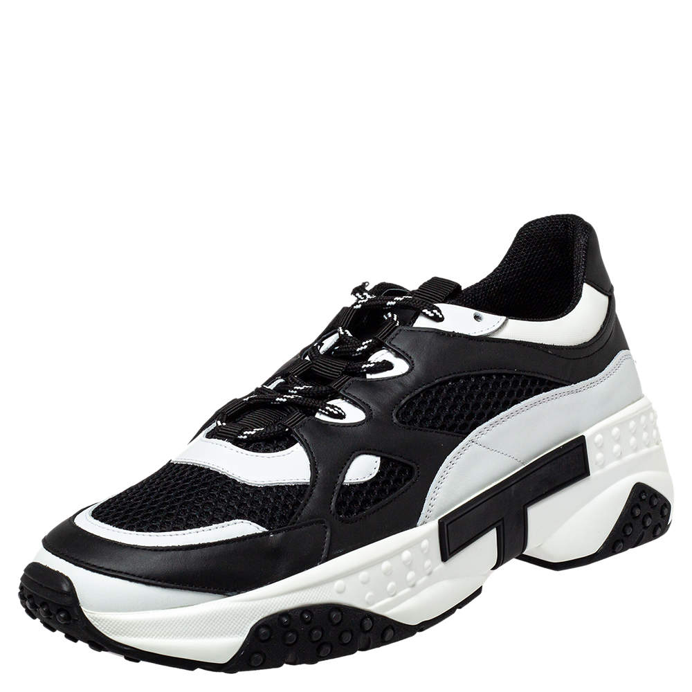 مملوكة مسبقًا Tod's Black/White Leather Mesh Lace Up Sneakers Size 44.5
