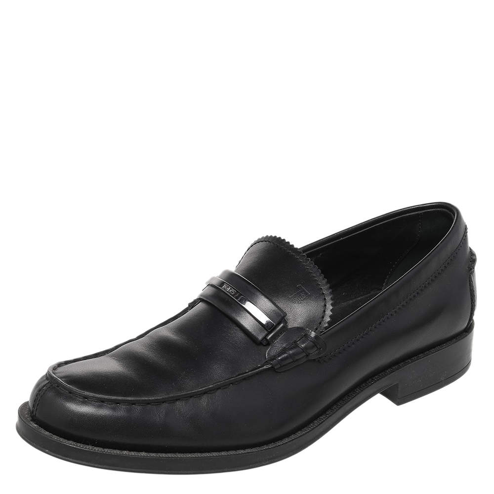 Pre Owned Tod's Black Leather Lingotto Gomma Slip On Loafers Size 42