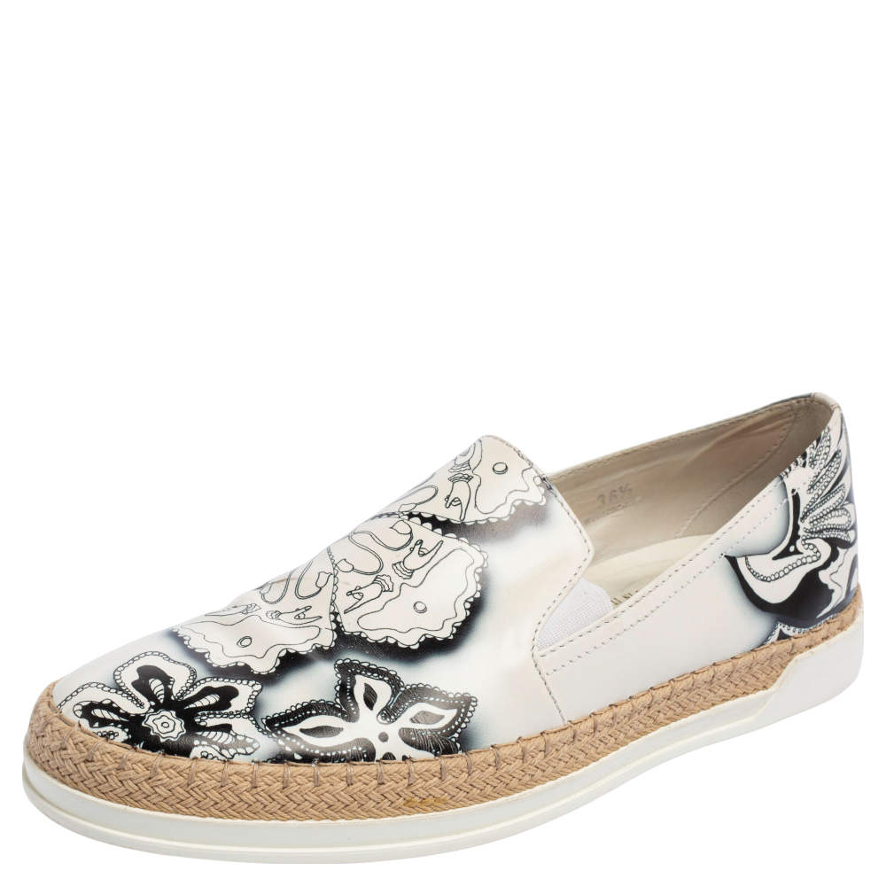 مملوكة مسبقًا Tod's White Printed Leather Espadrille Slip On Sneakers Size 36.5
