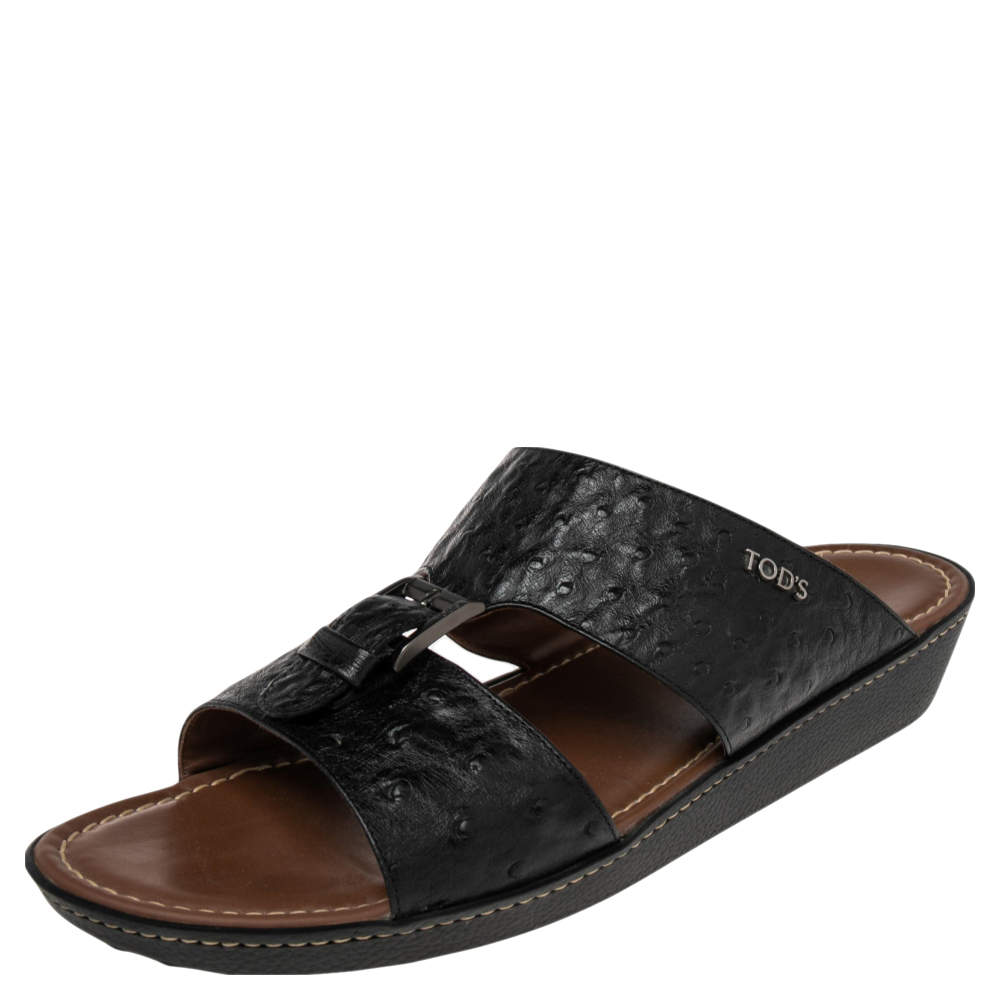 Pre Owned Tod's Black Ostrich Embossed Leather Slide Sandals Size 44.5