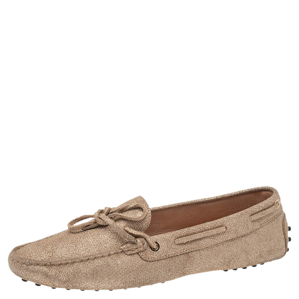 Pre Owned Tod's Metallic Gold Canvas Bow Loafers Size 42