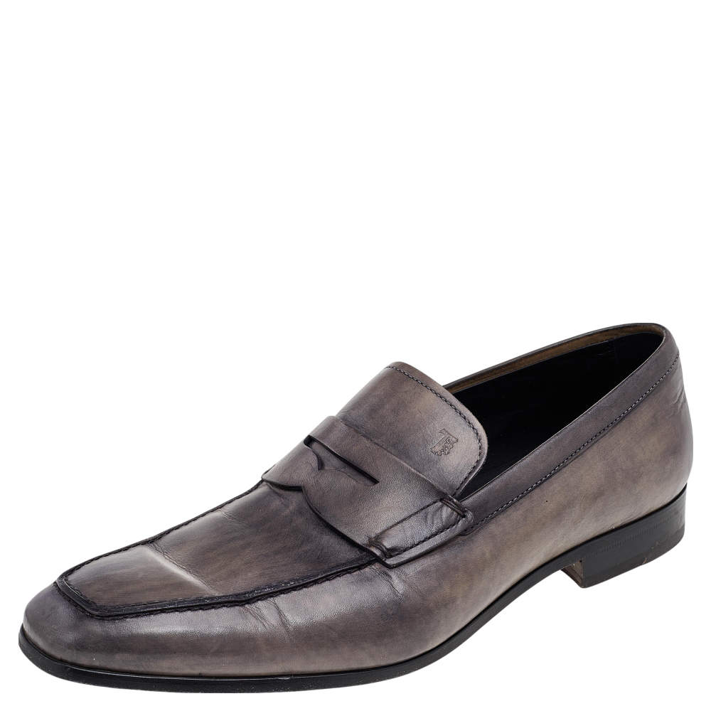 Pre Owned Tod's Grey Leather Penny Slip On Loafers Size 43