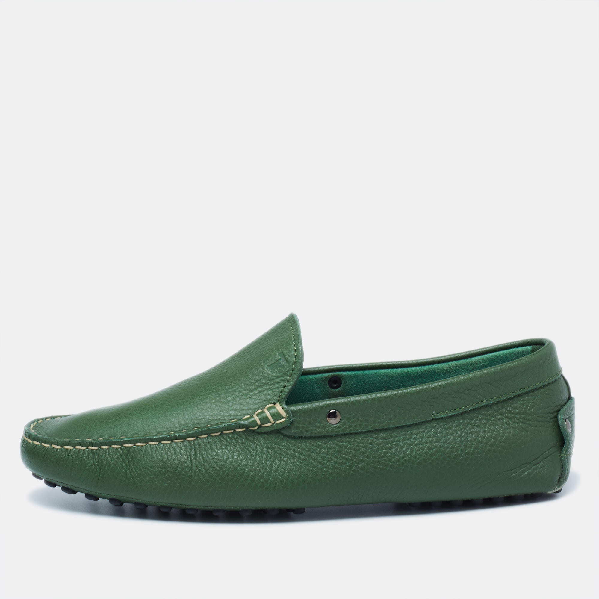 Pre Owned Tod's Green Leather Driving Loafers Size 42