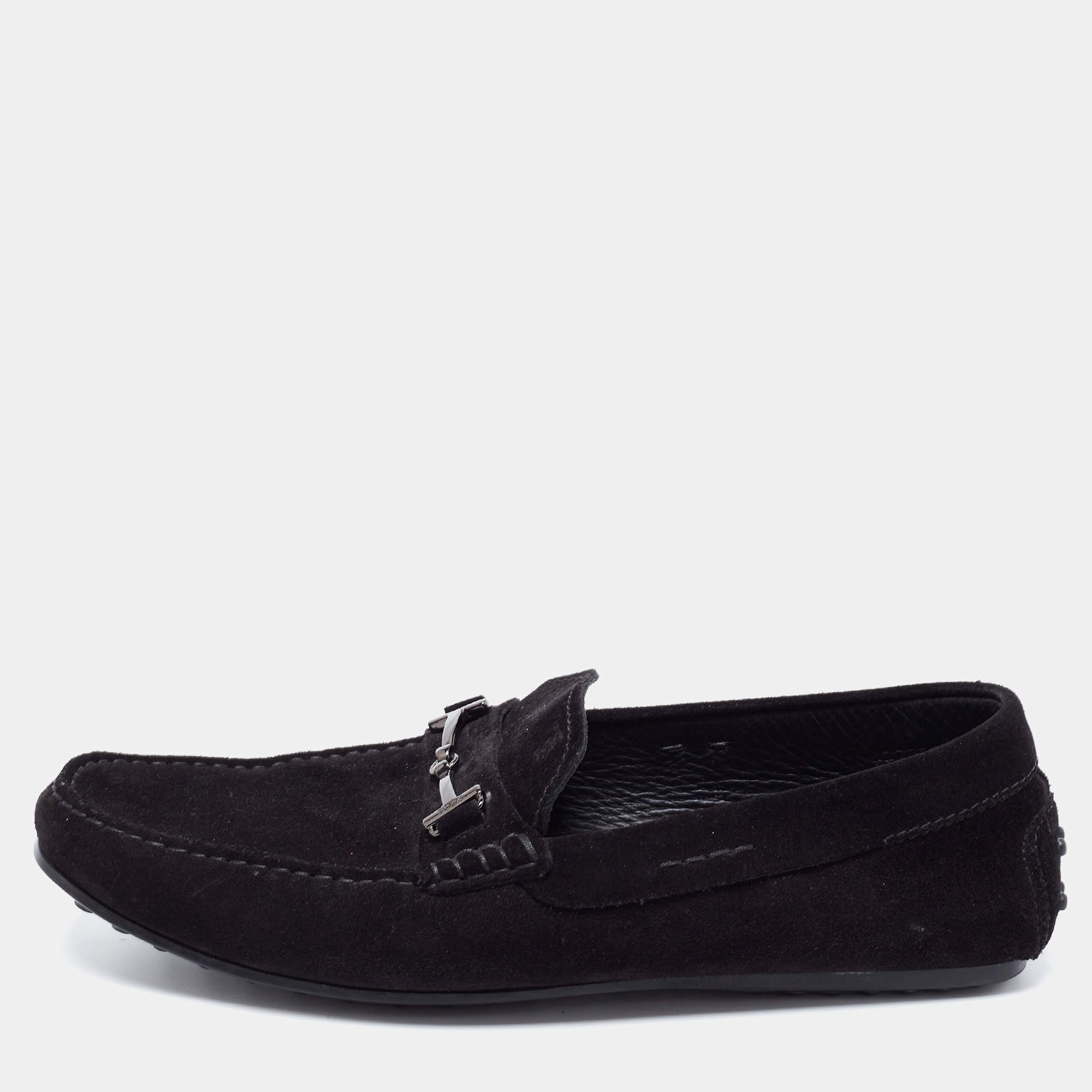 Pre Owned حذاء لوفرز تودز سويدي أسود مزين حرف تي مزدوج سليب أون مقاس 42.5