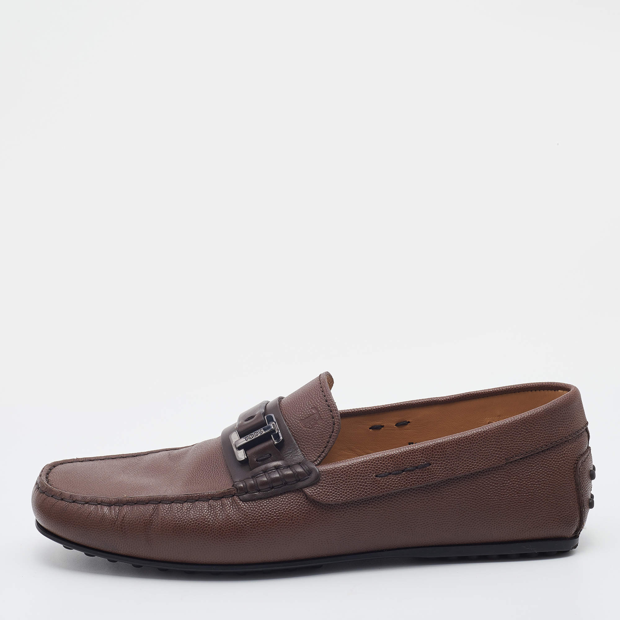 Pre Owned Tod's Brown Leather Logo Buckle Slip On Loafers Size 41.5