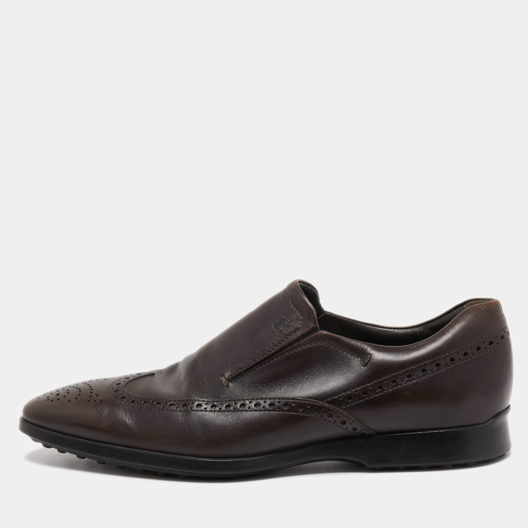 Pre Owned Tod's Brown Brogue Leather Slip On Loafers Size 43