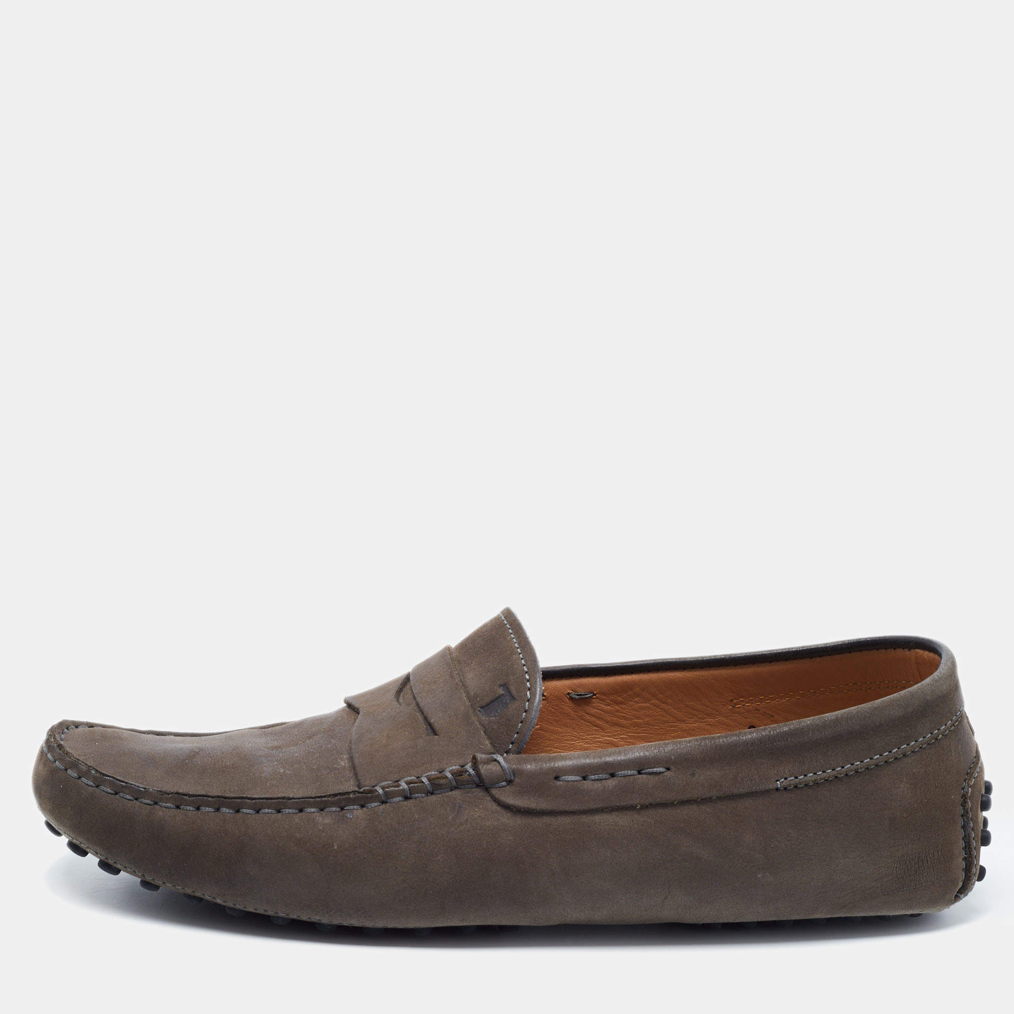 مملوكة مسبقًا Tod's Dark Grey Nubuck Leather Gommini Loafers Size 42