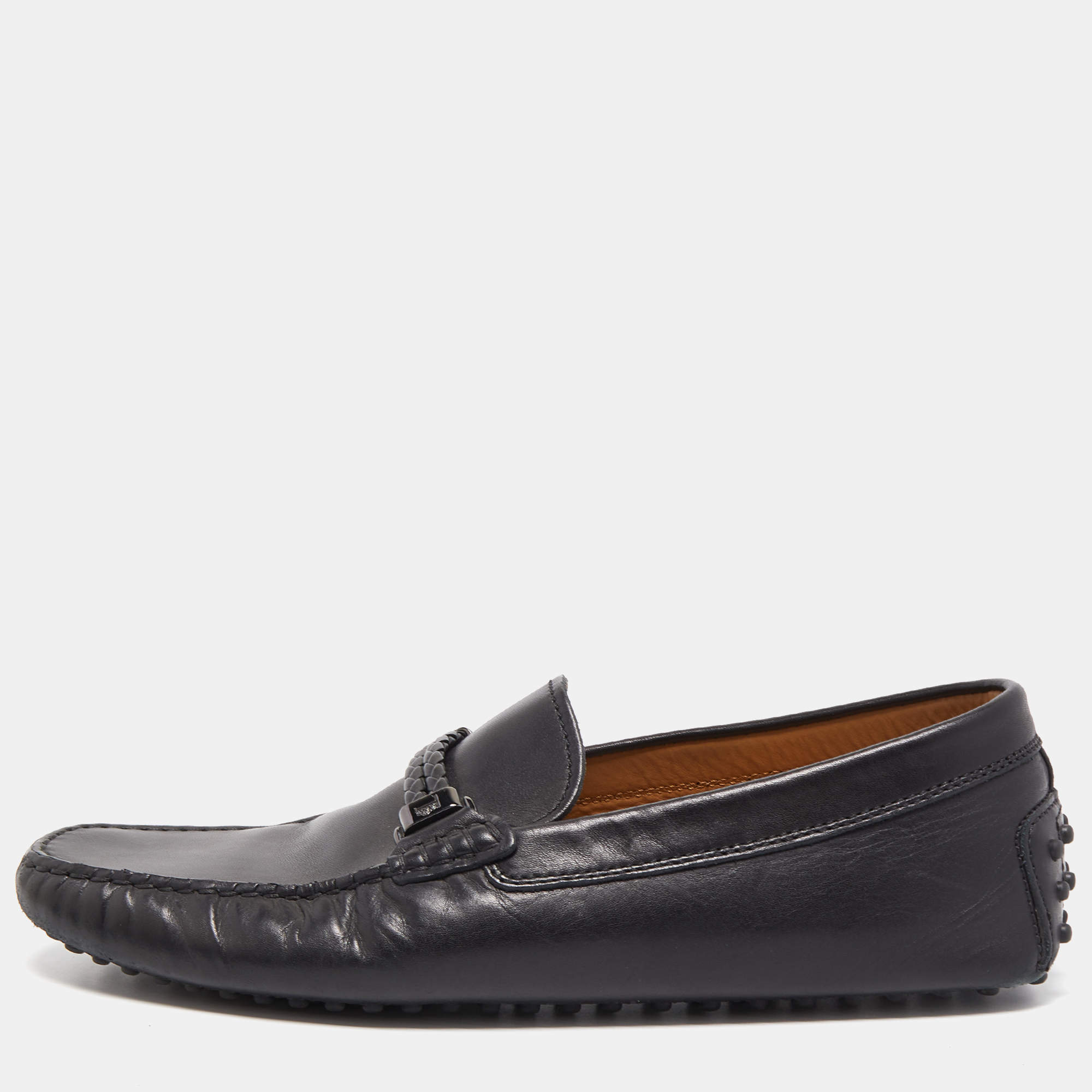 Pre Owned Tod's Black Leather Braided Bit Slip On Loafers Size 42