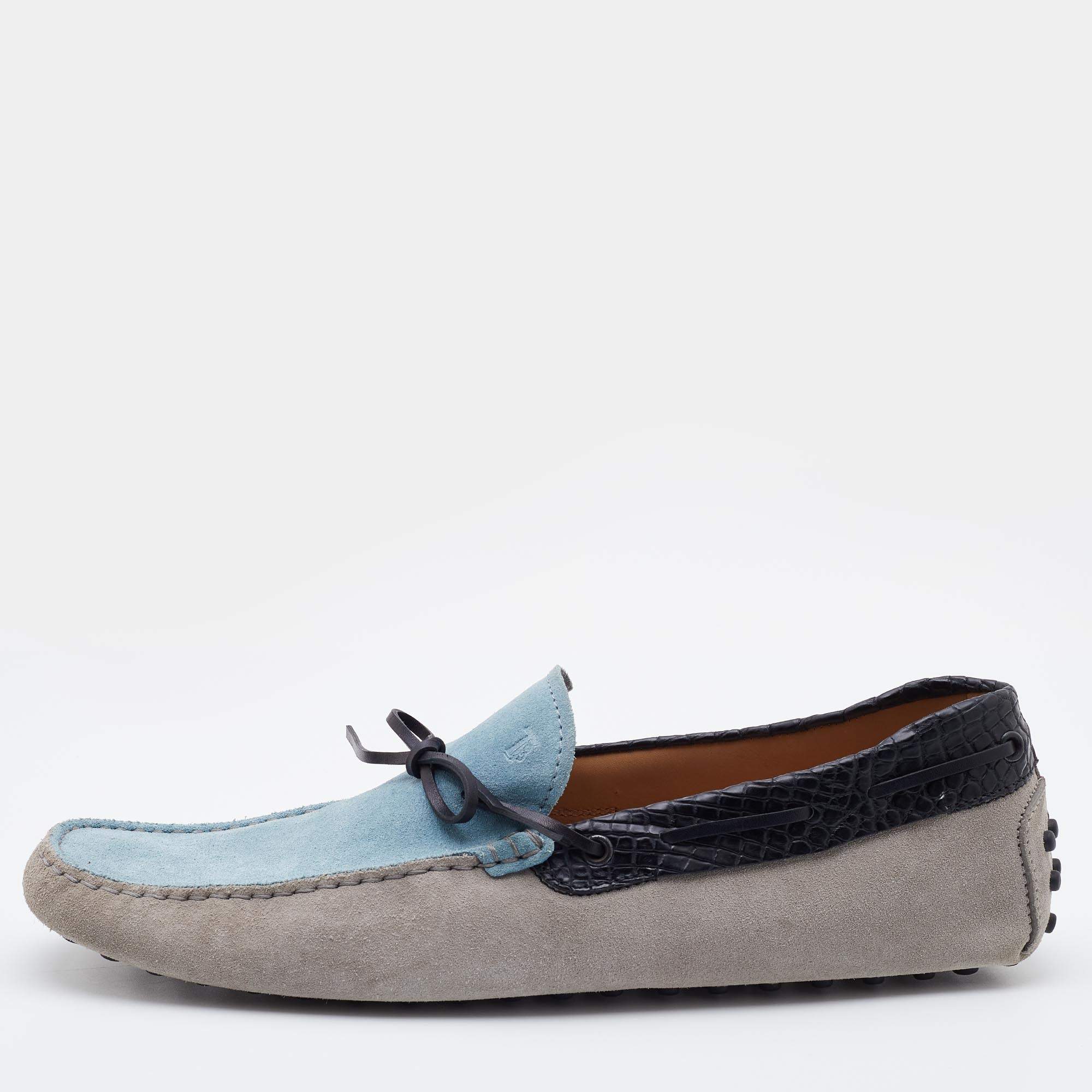 Pre Owned Tod's Tri Color Suede and Croc Embossed Leather Bow Gommino Loafers Size 45.5