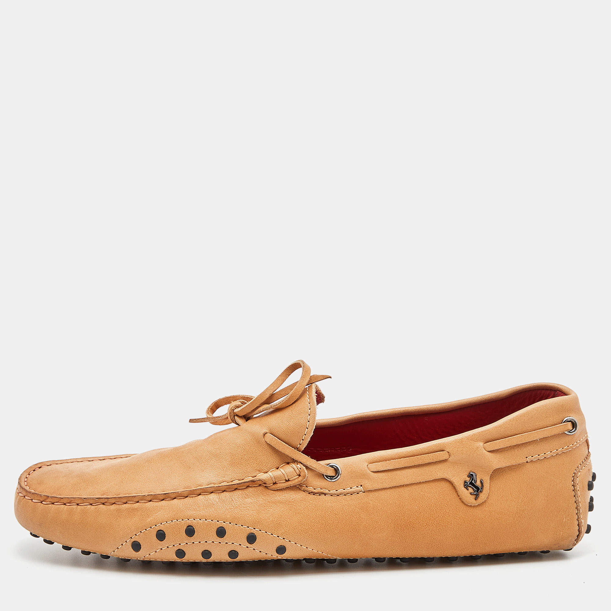 Pre Owned Tod's For Ferrari Beige Leather Gommino Driving Loafers Size 45