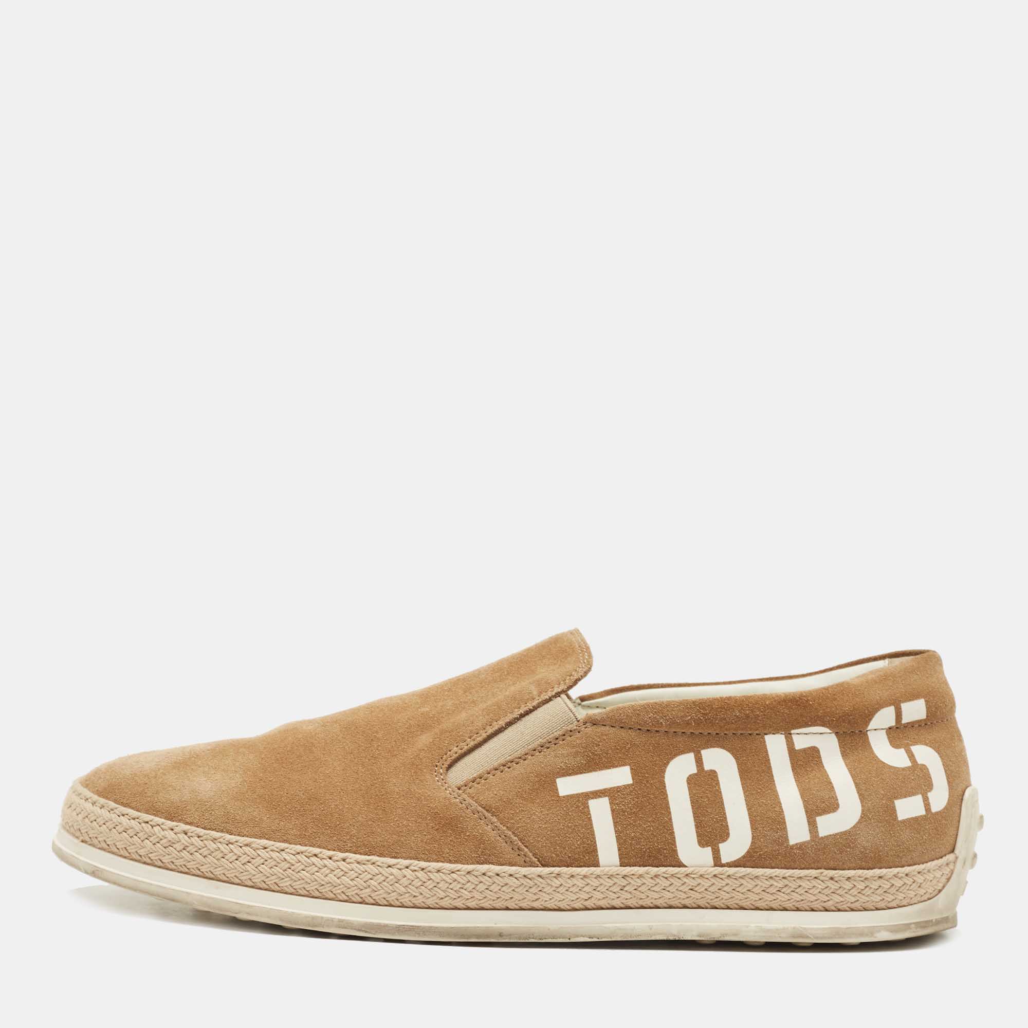 Tod's Brown Suede  Leather Logo Slip On Espadrille Sneakers Size 41.5
