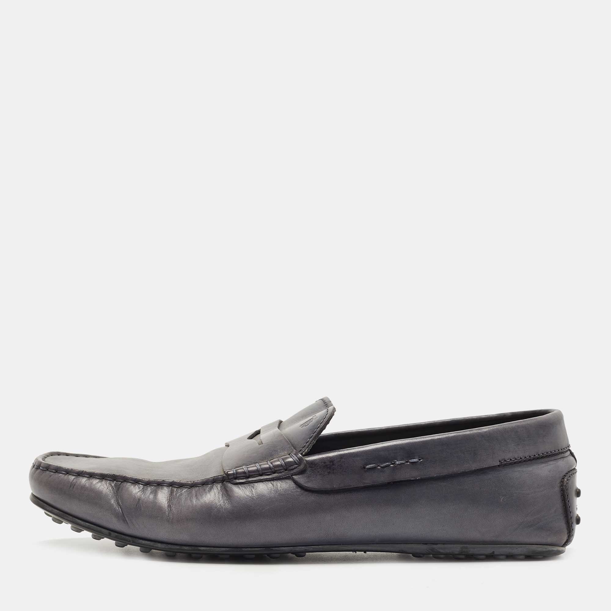 Tods Grey Leather Slip On Loafers Size 45.5