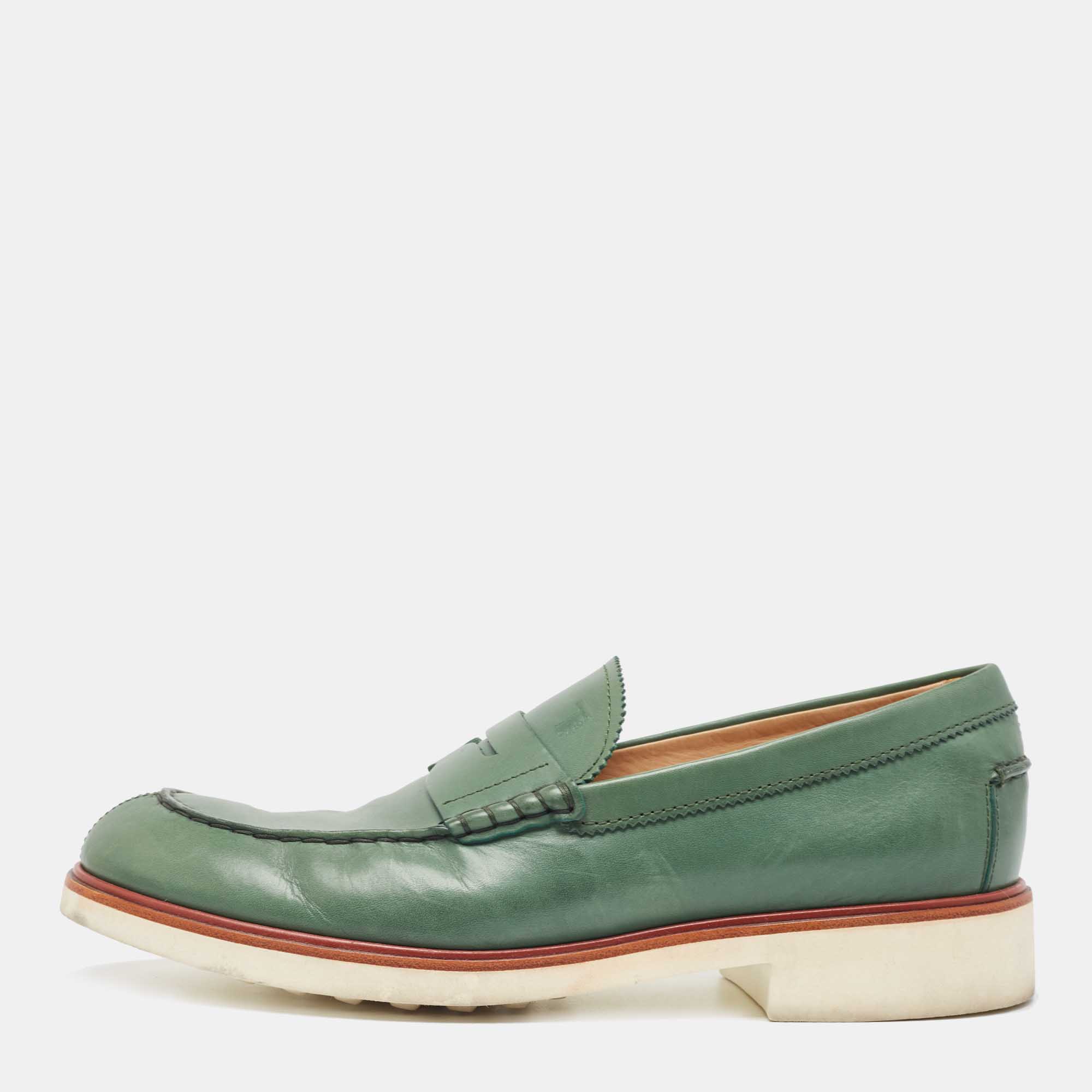 Pre Owned Tod's Olive Green Leather Penny Slip On Loafers Size 42.5