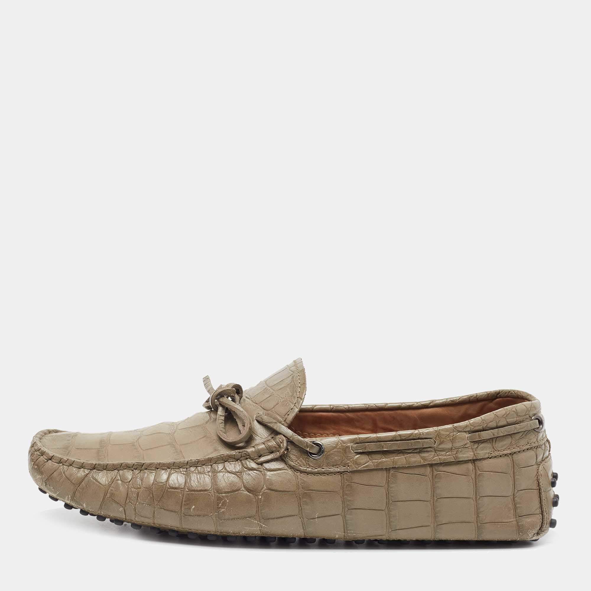 Pre Owned Tod's Olive Green Croc Embossed Leather Bow Slip On Loafers Size 43