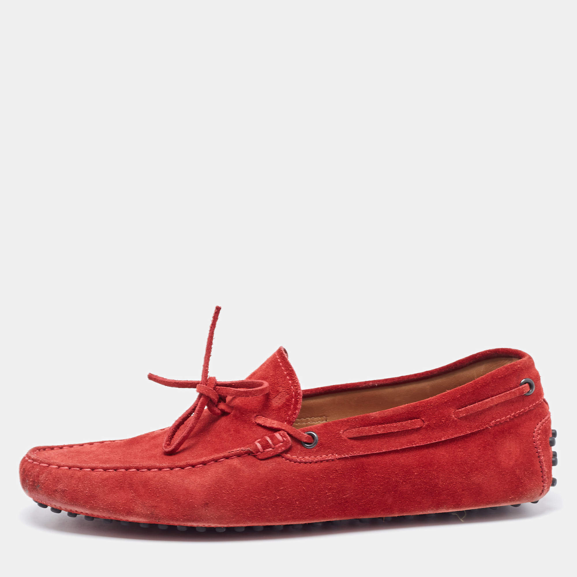 Pre Owned Tod's Red Suede Gommino Bow Driving Slip On Loafers Size 43