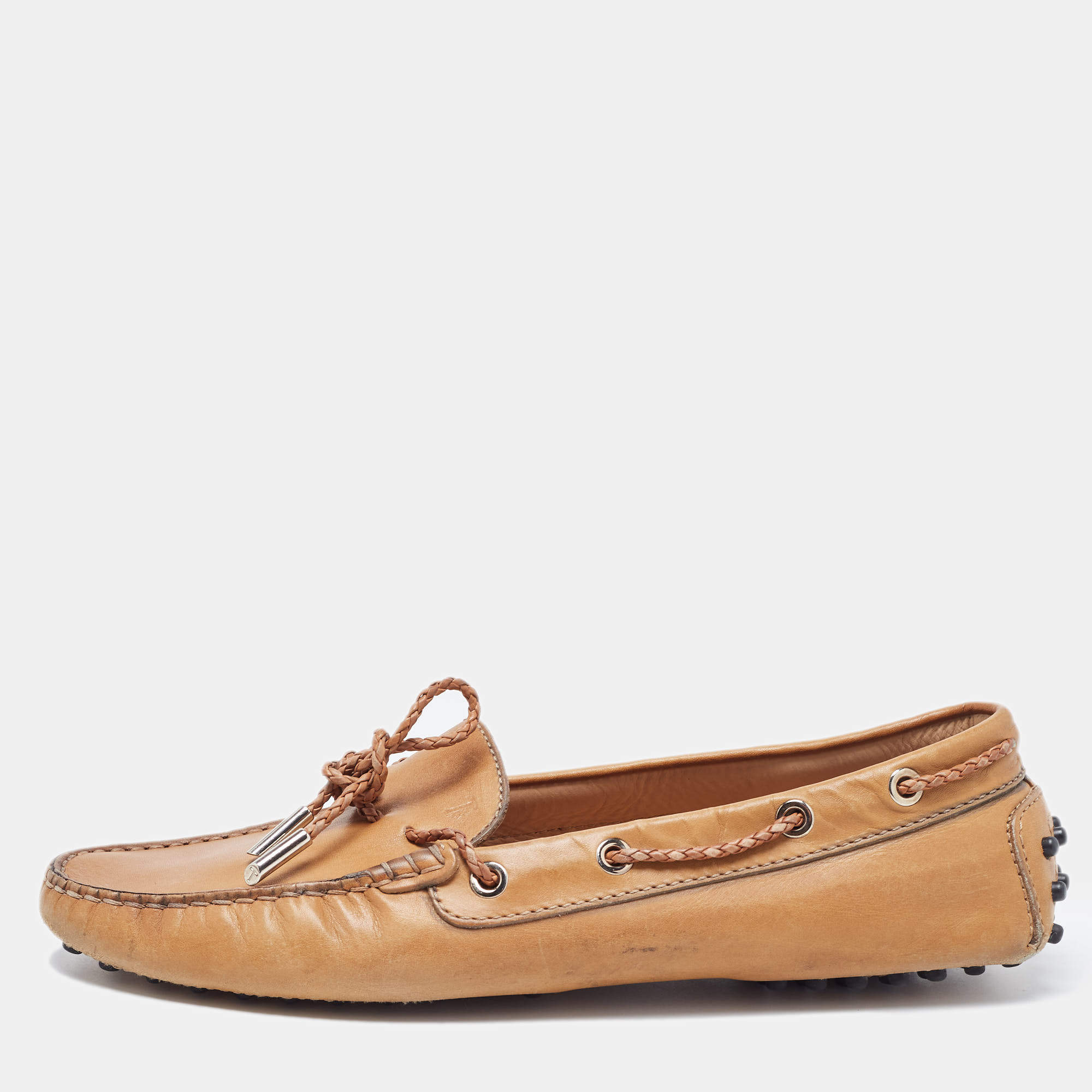 Pre Owned Tod's Light Brown Leather Gommino Braided Bow Slip On Loafers Size 40