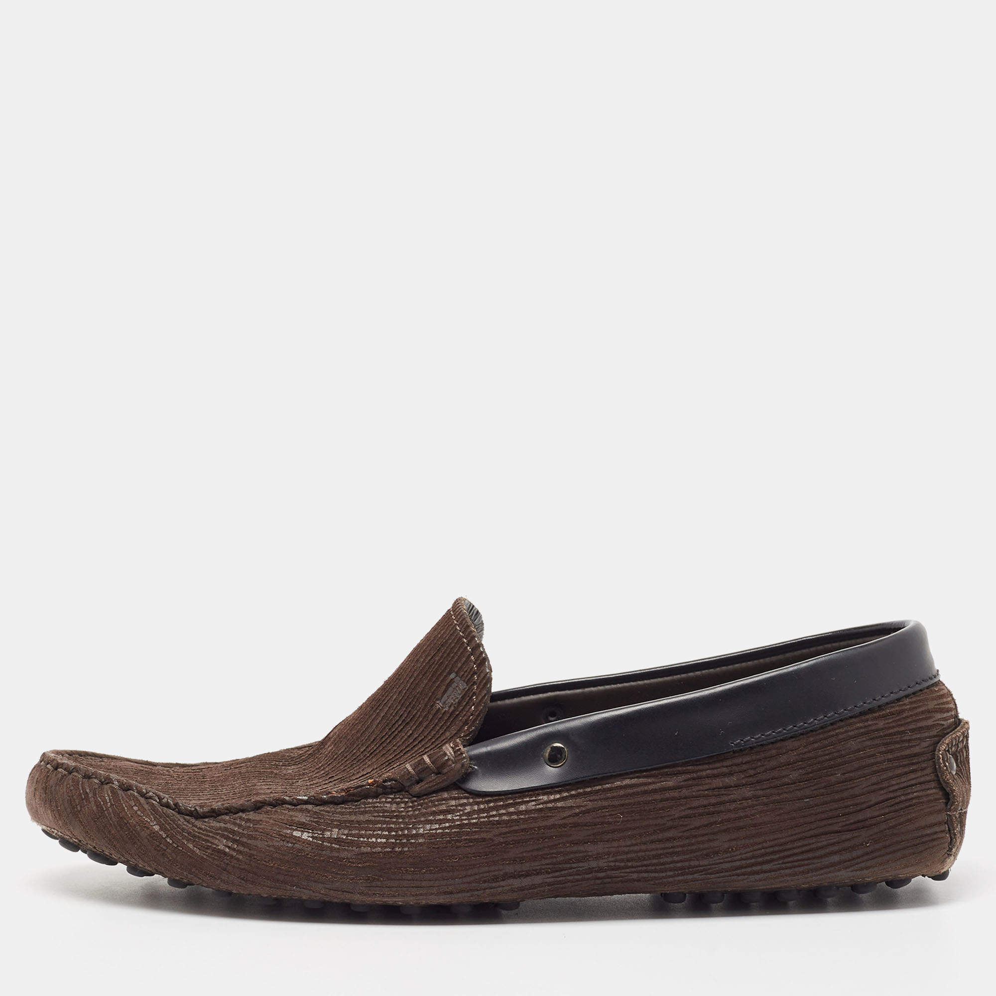 Tod's Dark Brown Textured Leather Gommino Loafers Size 42.5