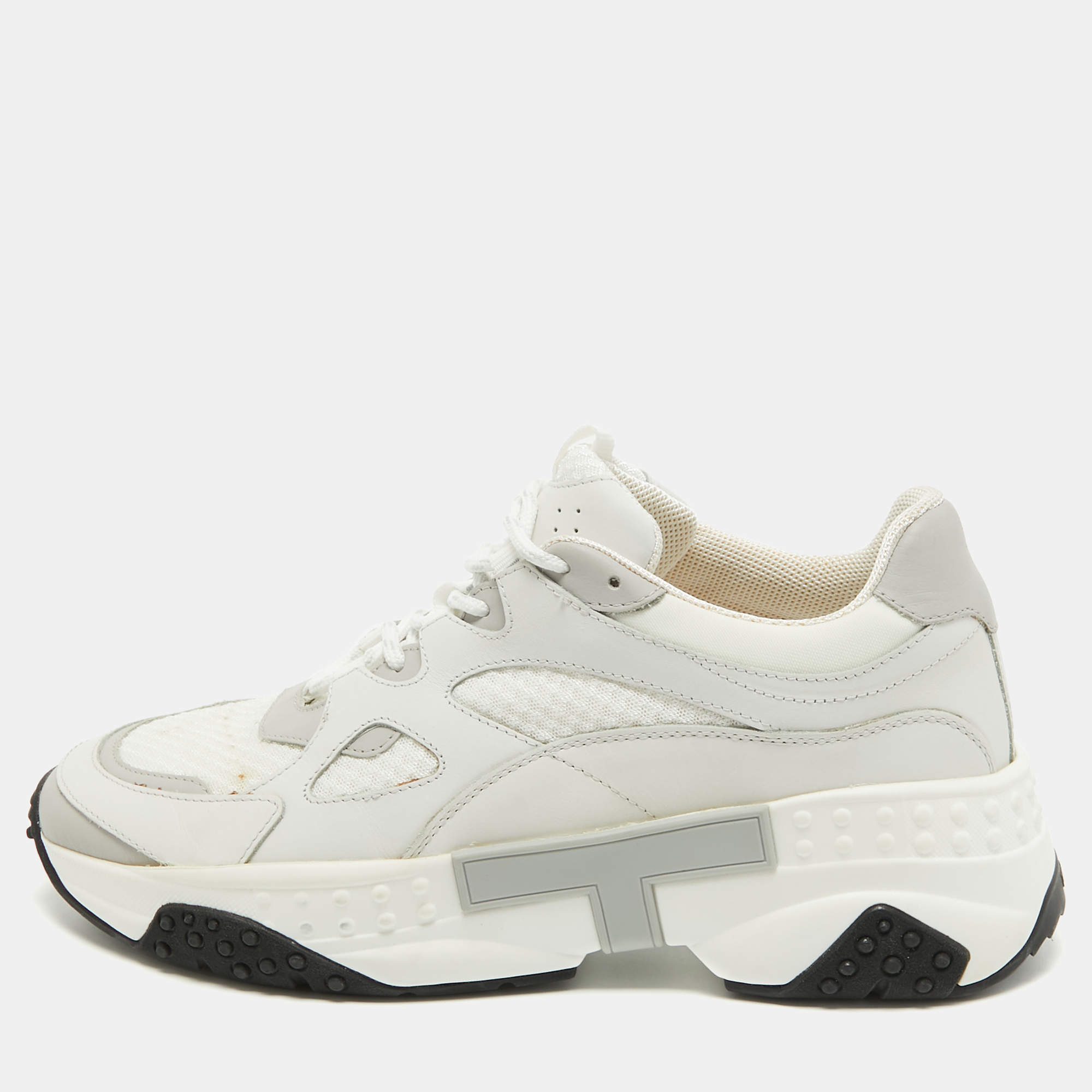 Tod's White/Grey Leather and Mesh Active Sporty Sneakers Size 41