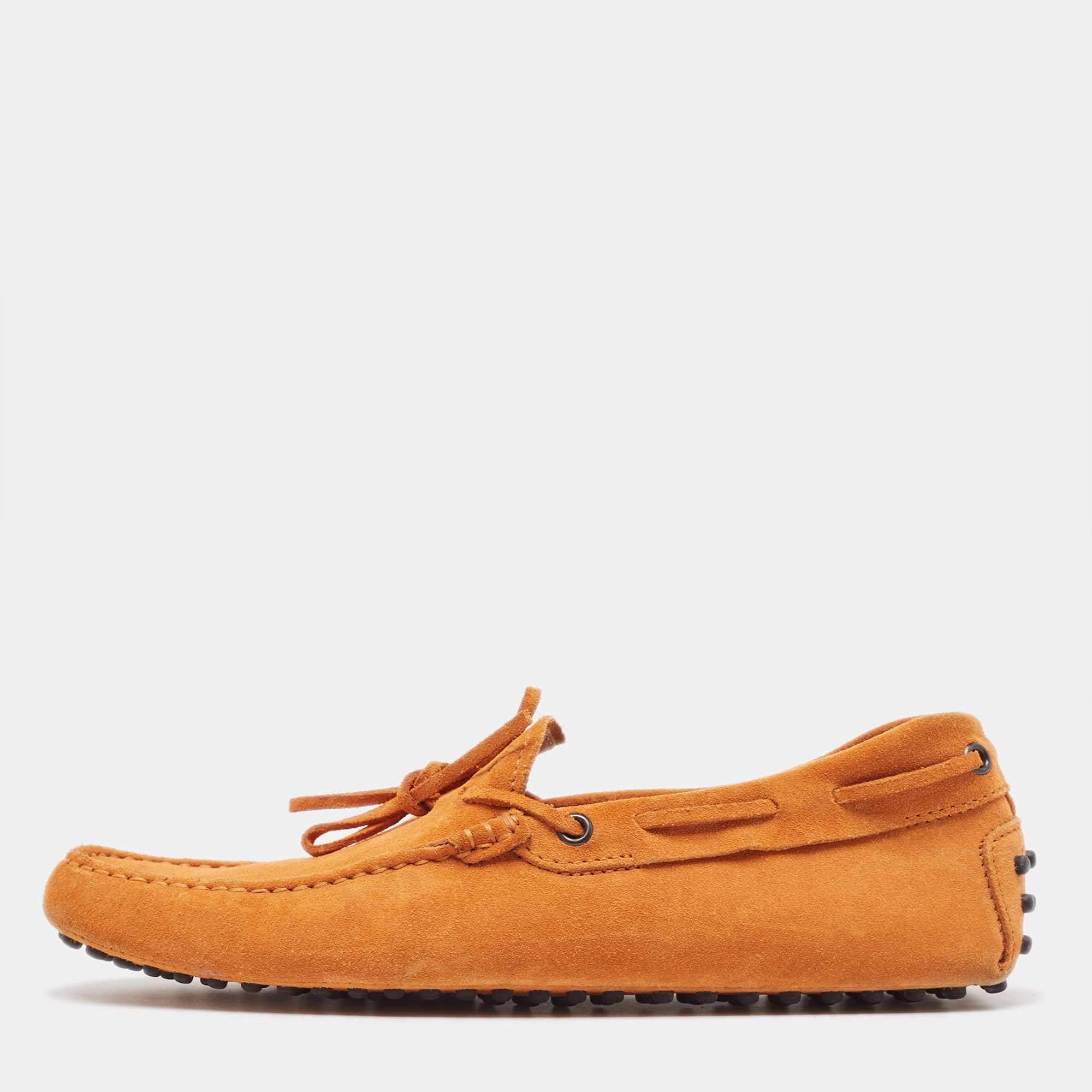 Pre Owned Tod's Orange Suede Bow Driving Loafers Size 39.5
