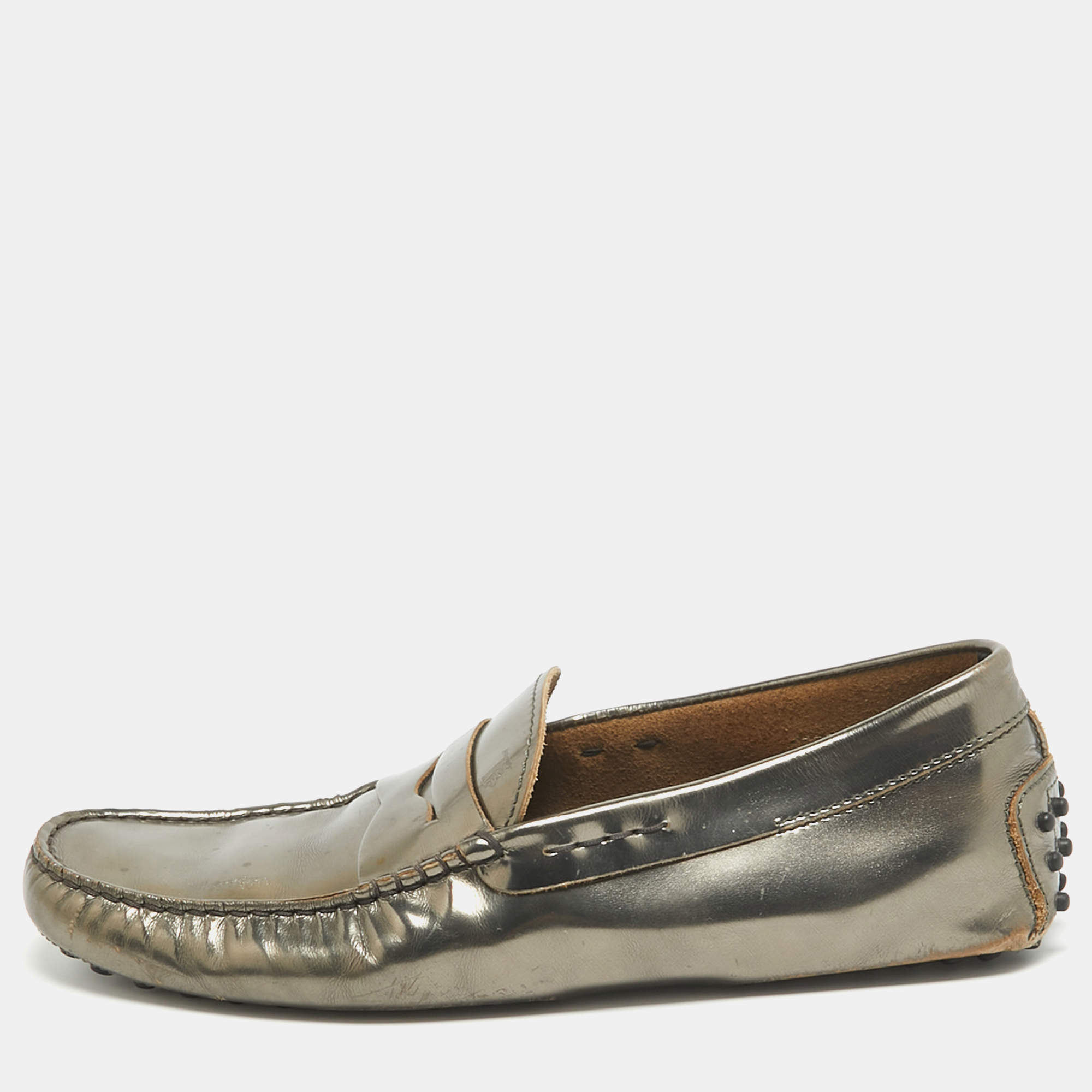 Tod's Metallic Green Leather Penny Slip On Loafers Size 41