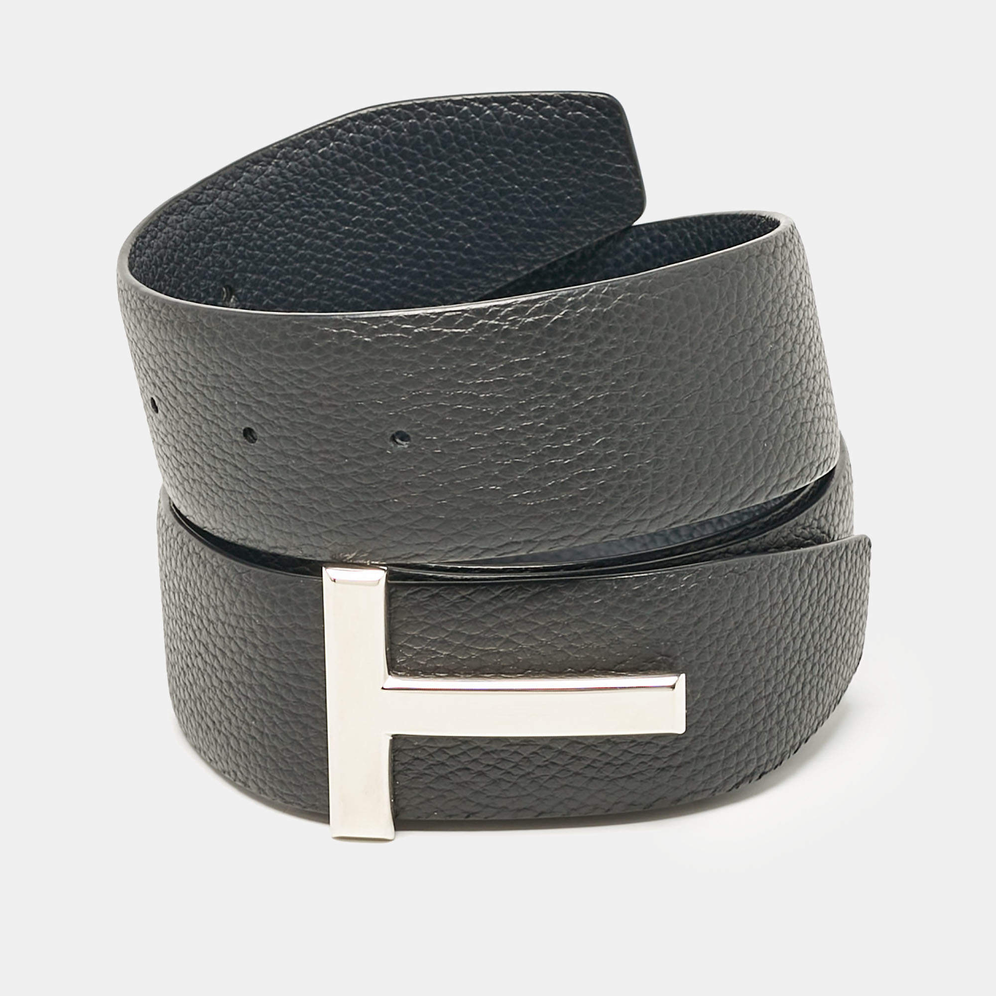 Tom Ford Black/Navy Blue Leather T Buckle Belt 105CM