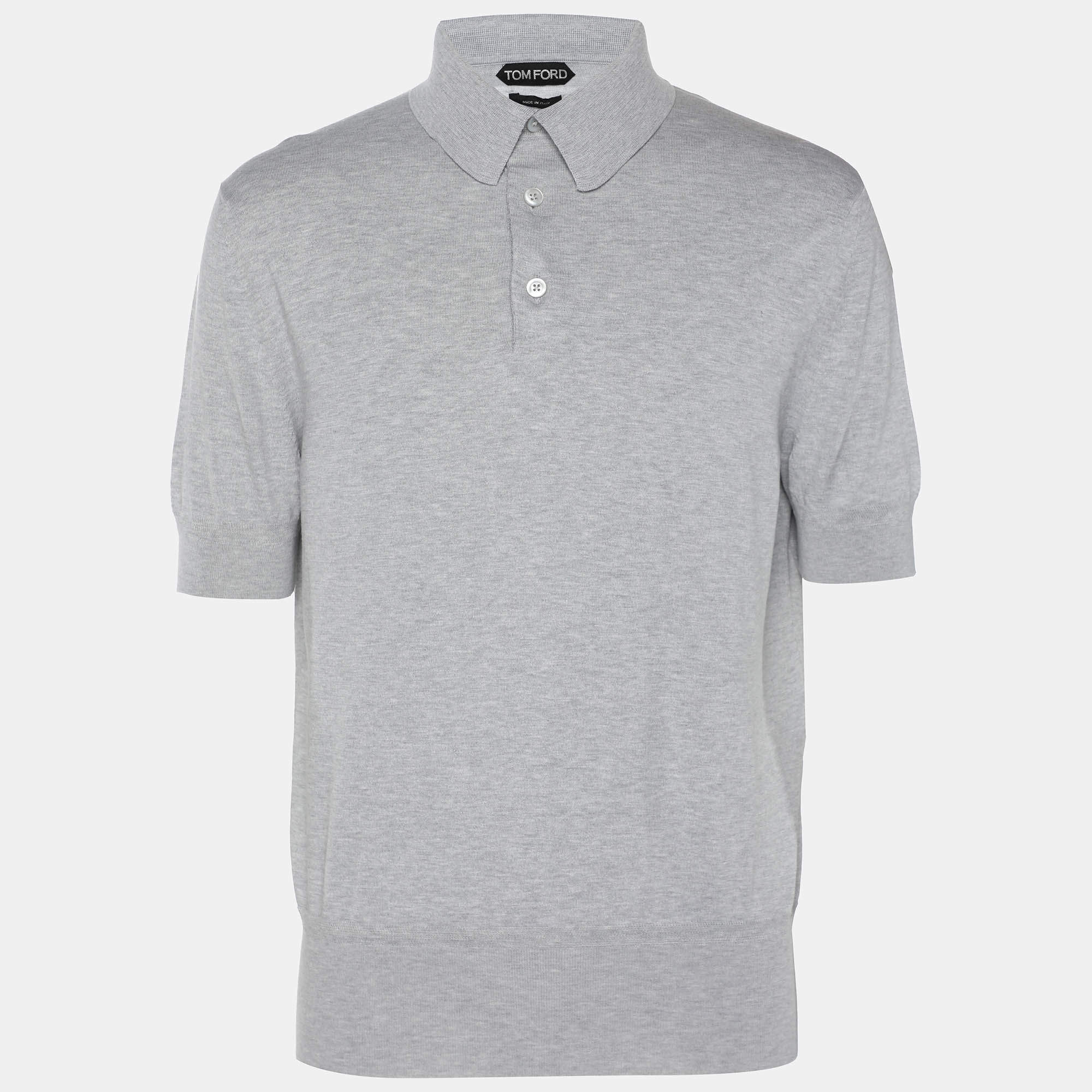 Tom Ford Grey Cotton Knit Polo T-Shirt XL