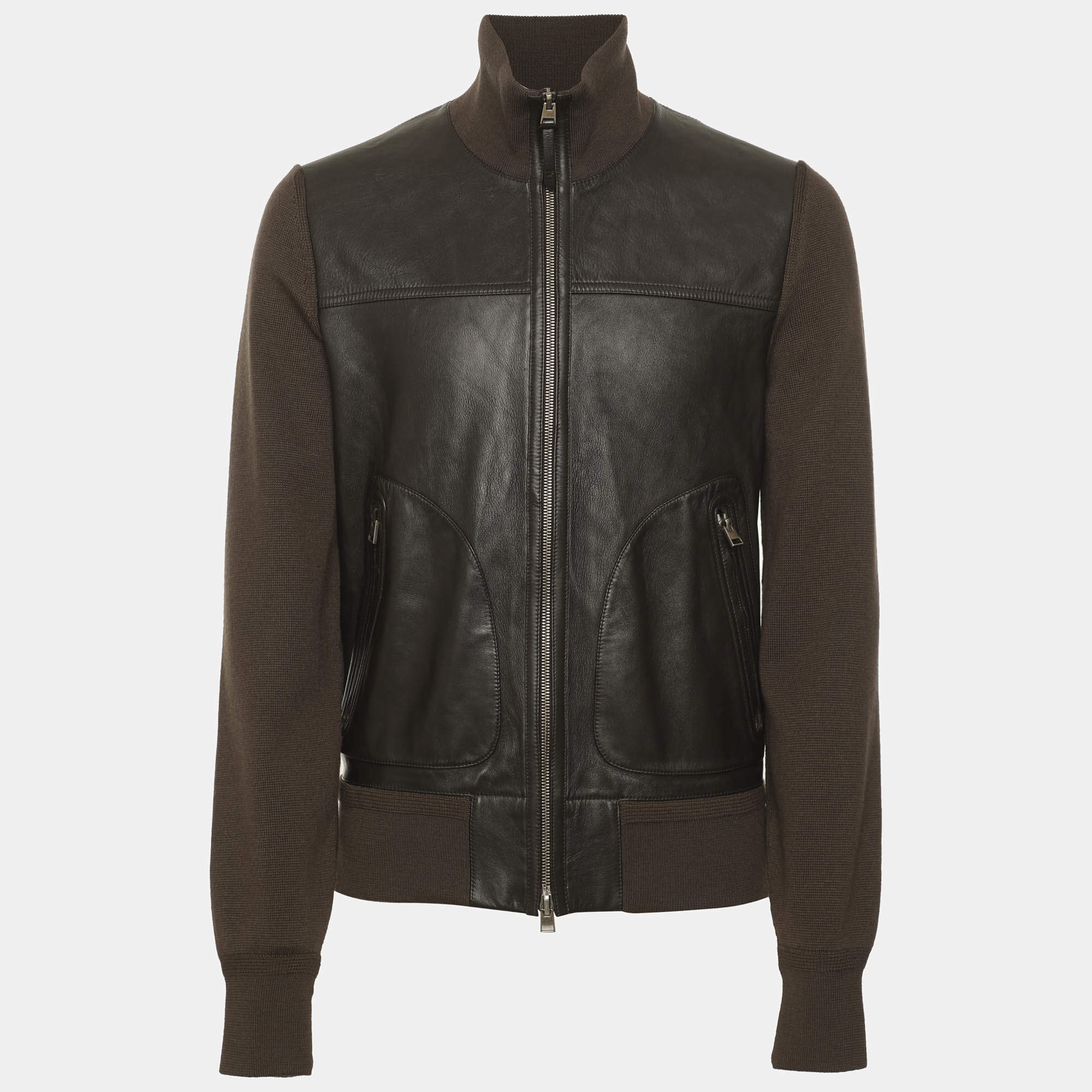Pre Owned Tom Ford Brown/Grey Leather and Knit Jacket S