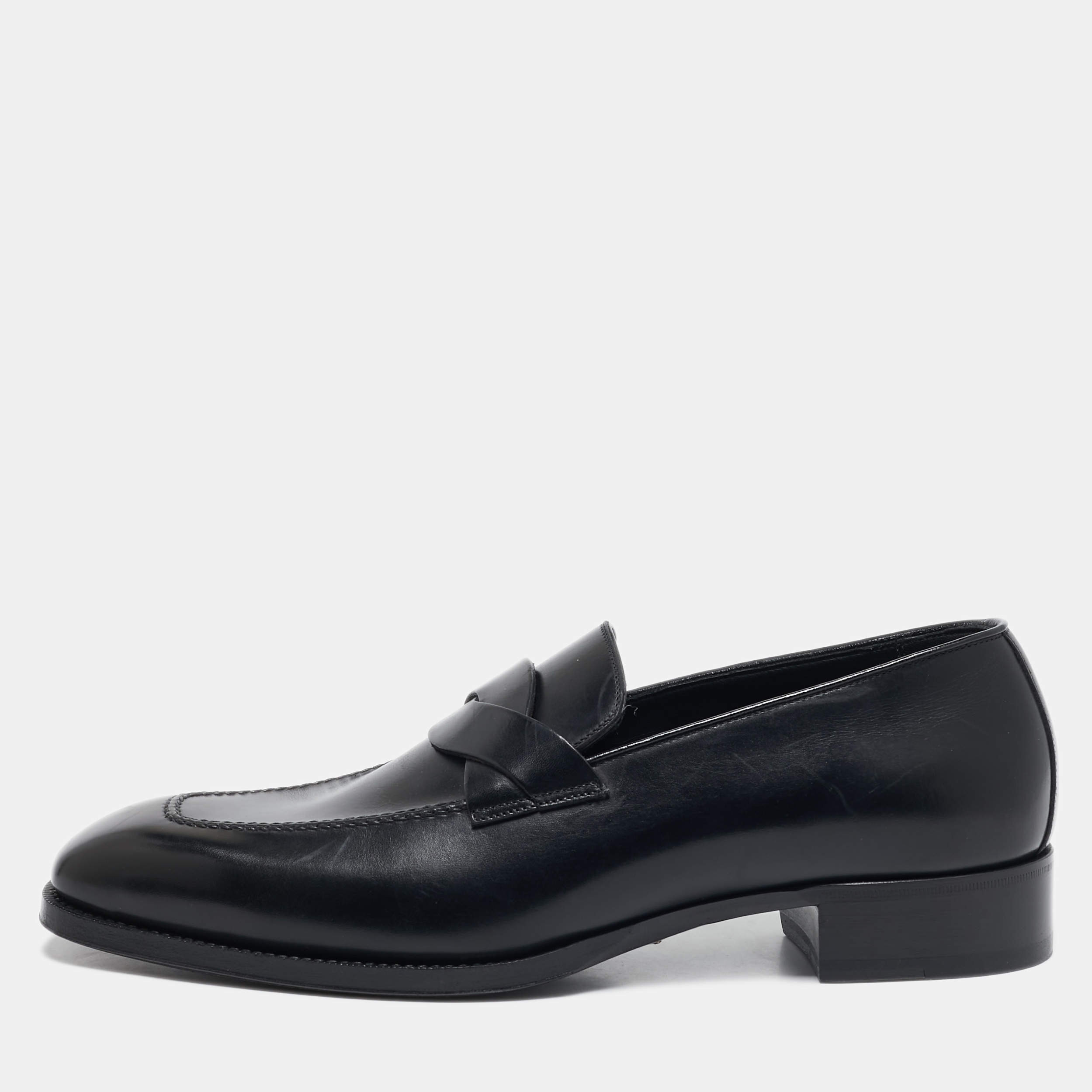 Pre Owned Tom Ford Black Leather Twisted Band Penny Loafers Size 42