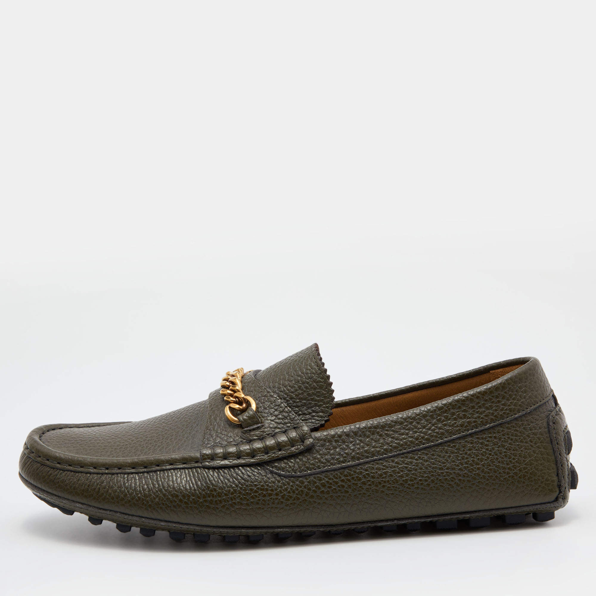 Tom Ford Olive Green Leather Chain Link Slip On Loafers Size 43