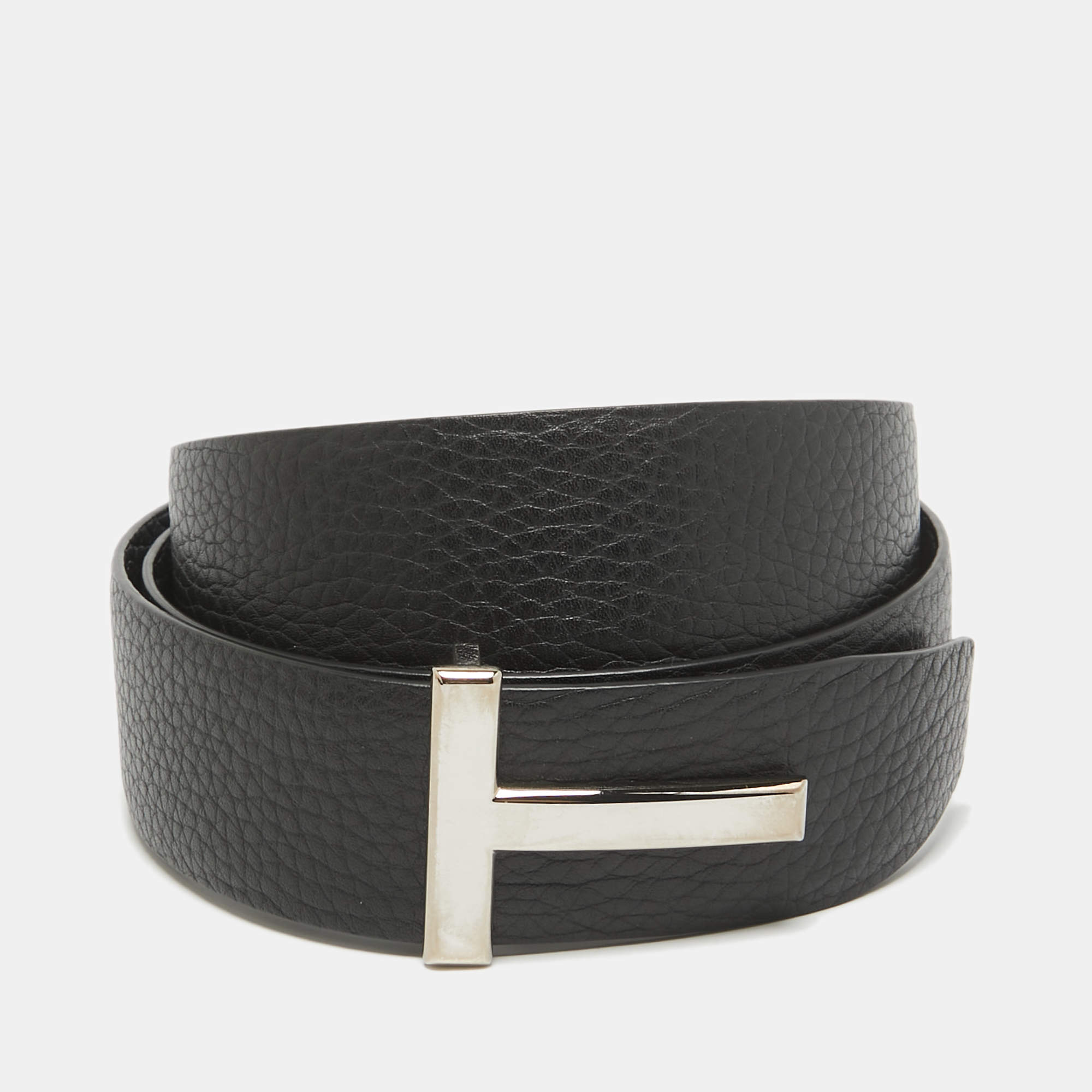 Tom Ford Black/Navy Blue Leather T Icon Reversible Belt 110 CM