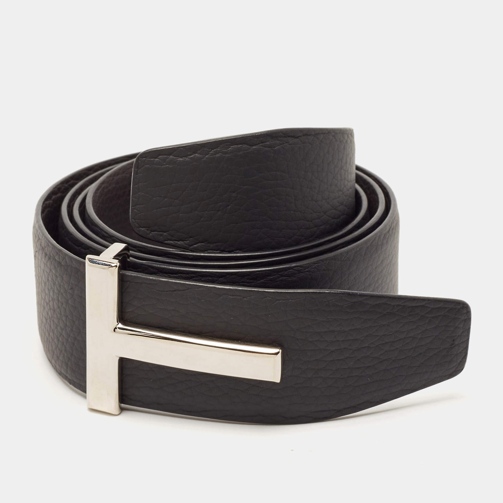 Tom Ford Black/Brown Leather T Logo Reversible Belt 100CM