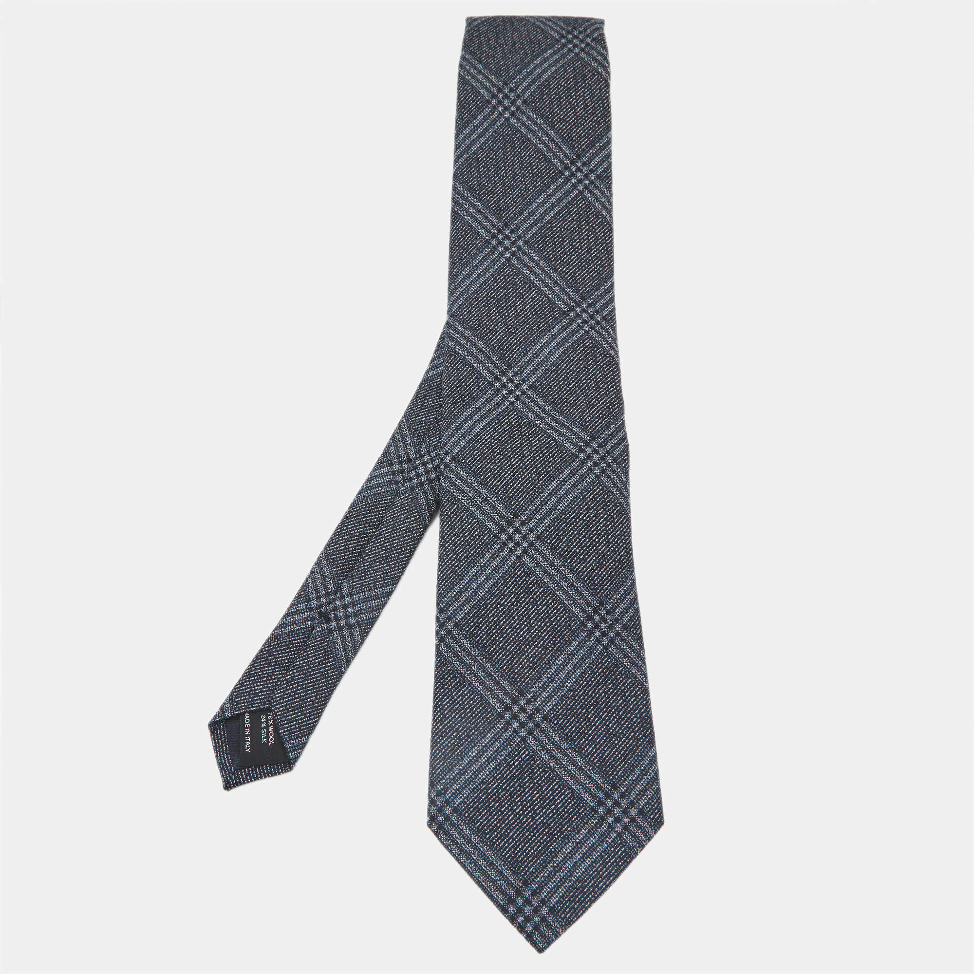 Pre Owned Tom Ford Navy Blue Plaid Wool and Silk Blend Classic Tie 