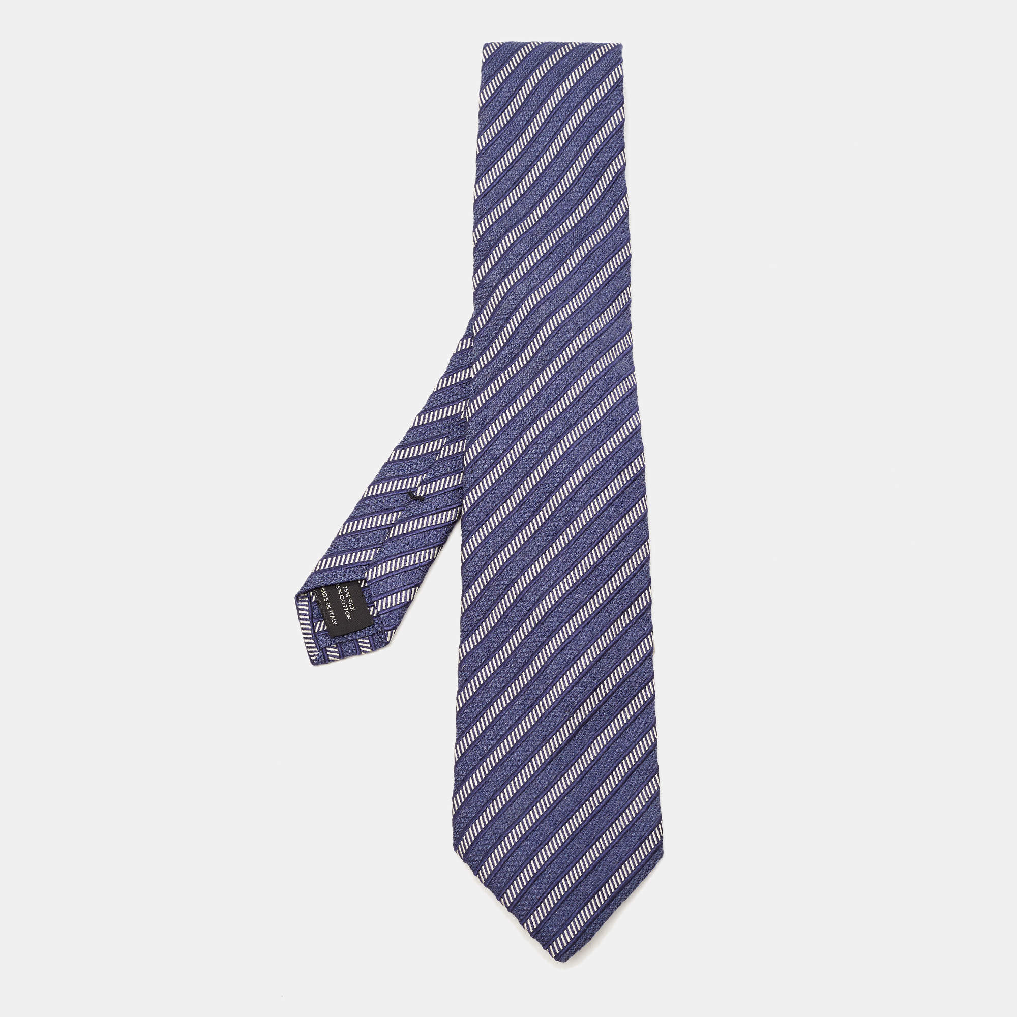 Pre Owned Tom Ford Dark Blue Diagonal Striped Cotton & Silk Tie