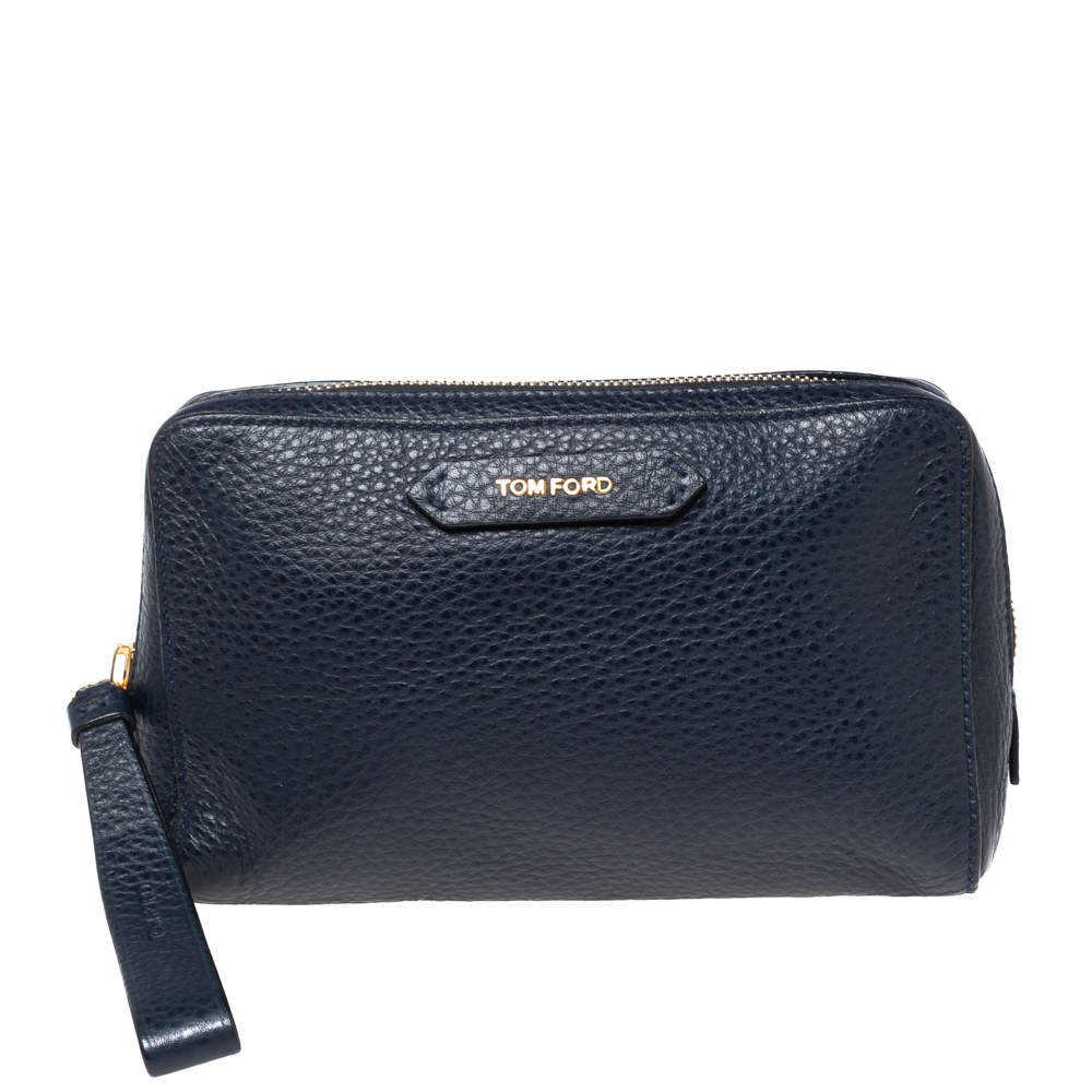 Tom Ford Navy Blue Leather Zip Around Wristlet Pouch