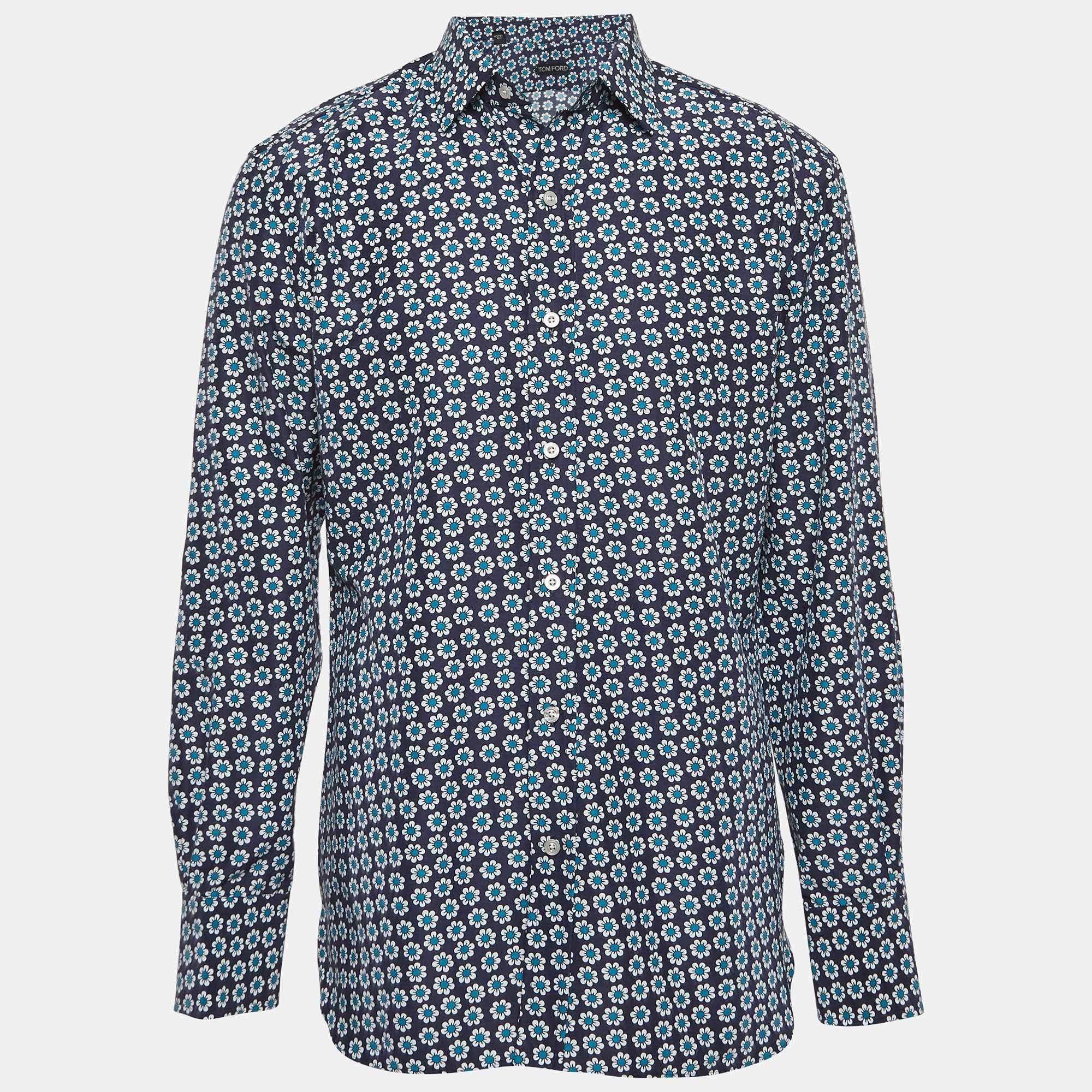 Tom Ford Blue Floral Print Poplin Shirt L