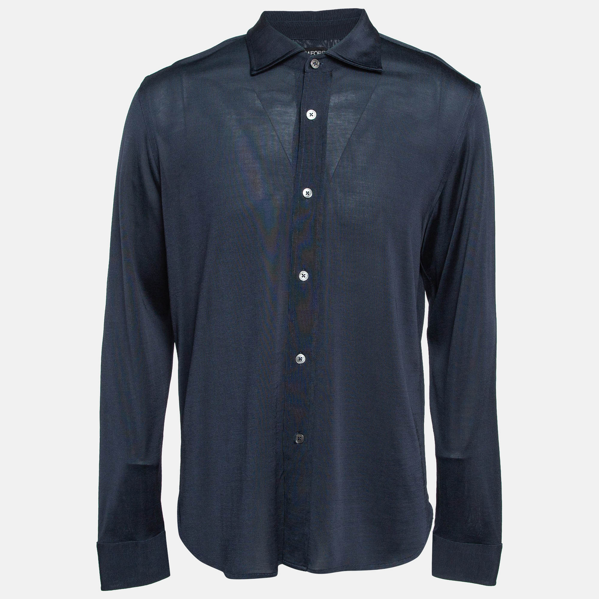 Tom Ford Navy Blue Stretch Knit Button Front Shirt XL