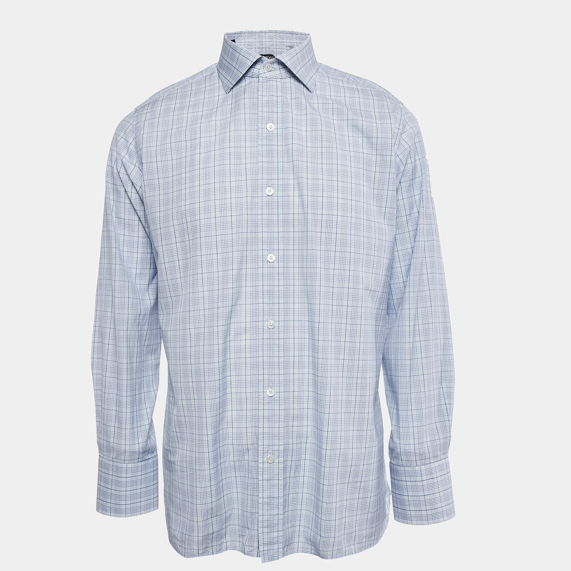 Tom Ford Blue Tartan Pattern Cotton Button Front Shirt XL