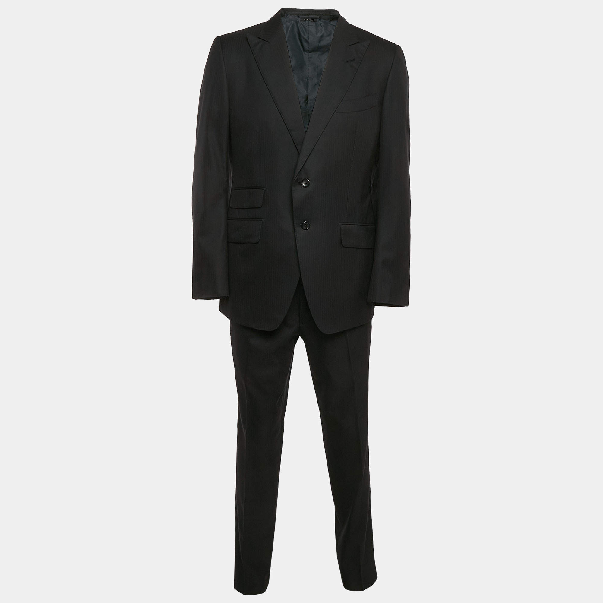Pre Owned Tom Ford Black Herringbone Wool Pants Suit XL