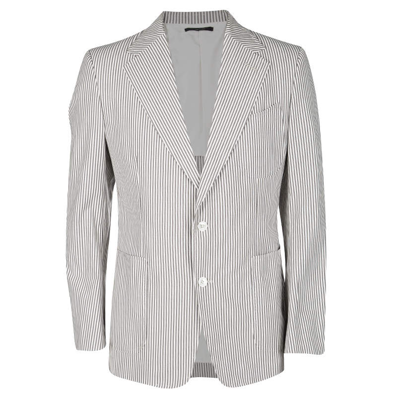 Pre Owned Tom Ford Brown and White Striped Cotton Basic Base Blazer XL