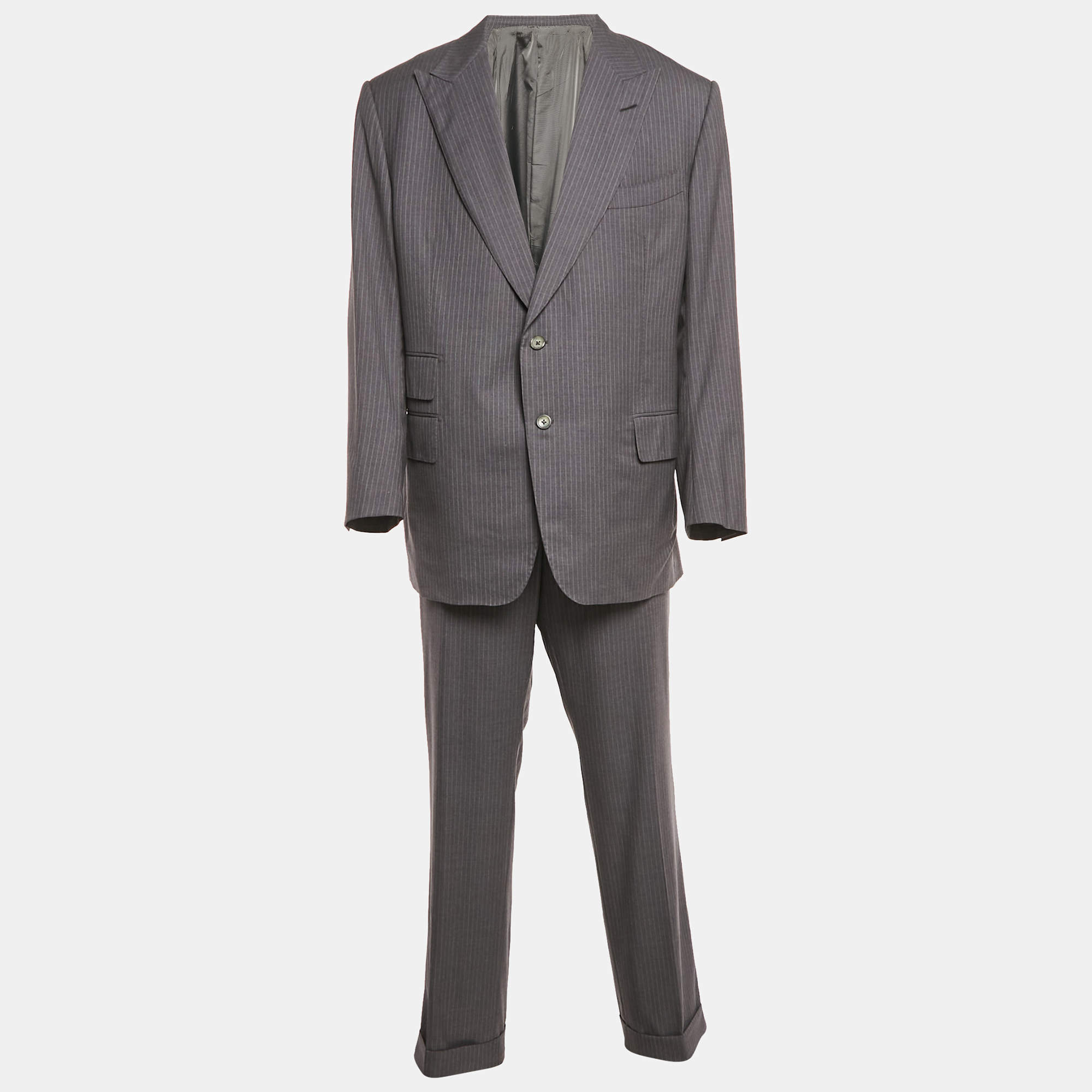 Tom Ford Grey Striped Wool Single Breasted Pants Suit Set 4XL/5XL