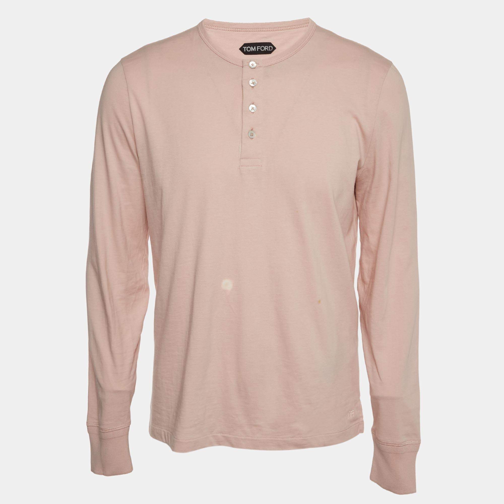 Pre Owned Tom Ford Pink Cotton Knit Long Sleeve Henley T-Shirt XL